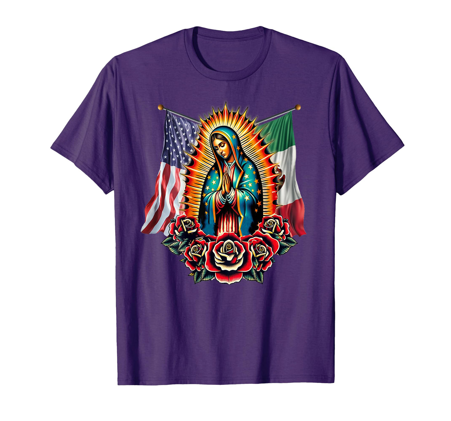 Virgen De Guadalupe Virgin Mary Mexican American Flag T-Shirt