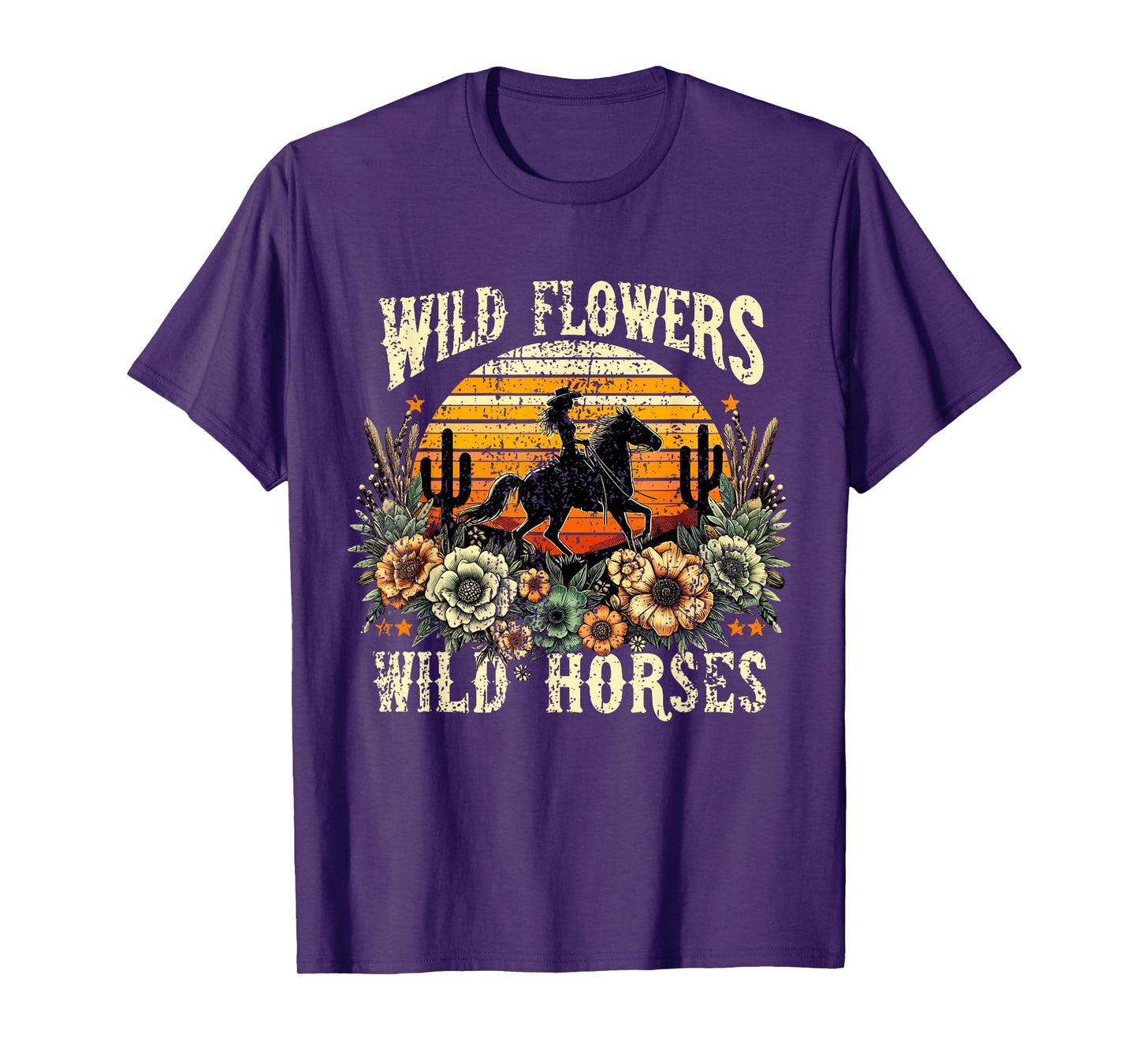 Retro Cowgirl Wild Flowers - Wild Horses Vintage Style T-Shirt