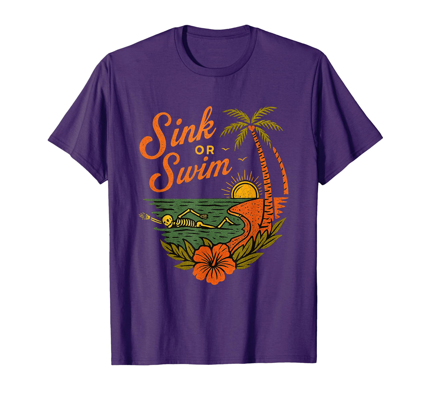 Tropical Sink or Swim Skeleton Funny Beach Summer Sunset T-Shirt