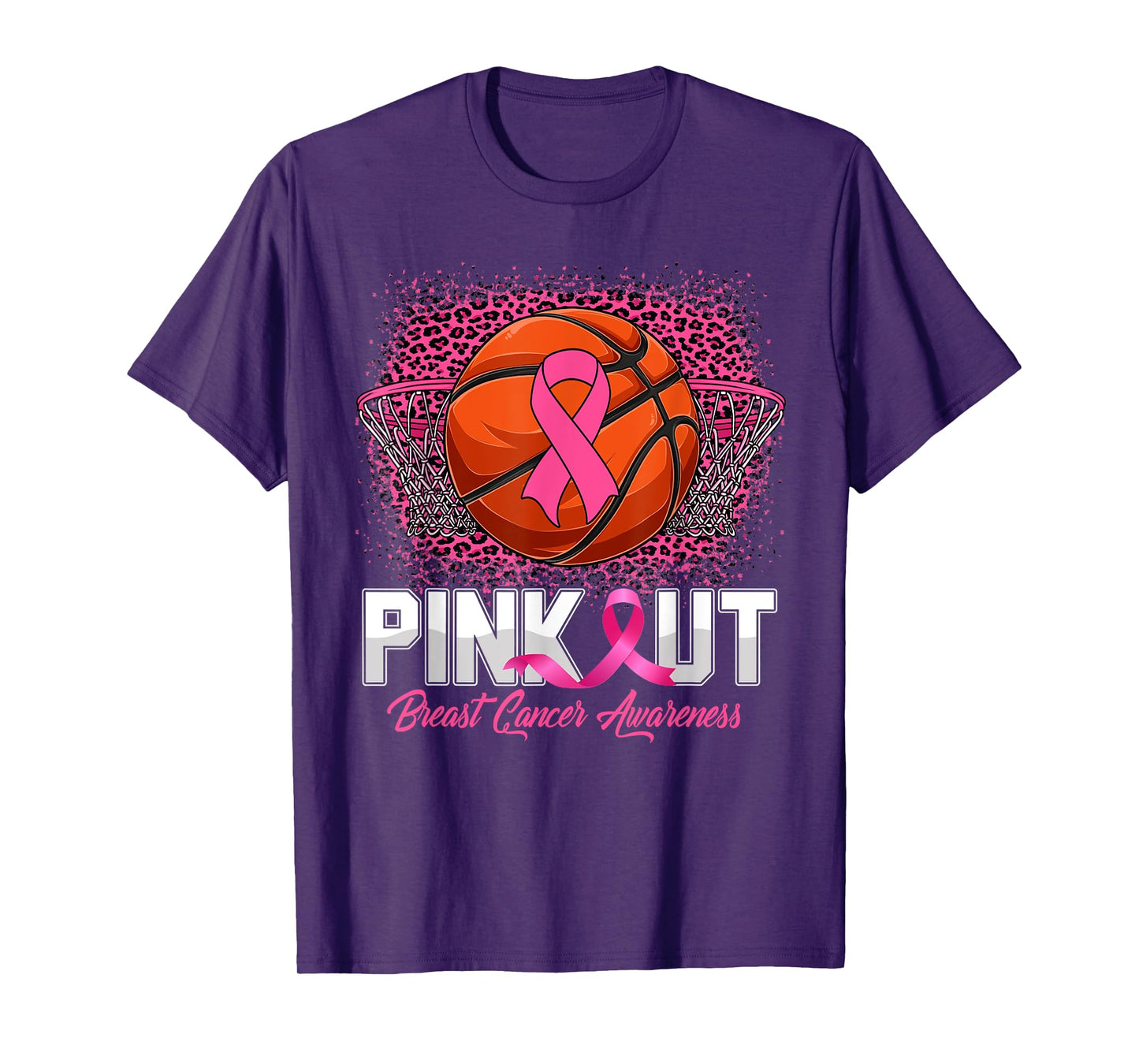Pink Out Breast Cancer Awareness Basketball Leopard Bleached T-Shirt