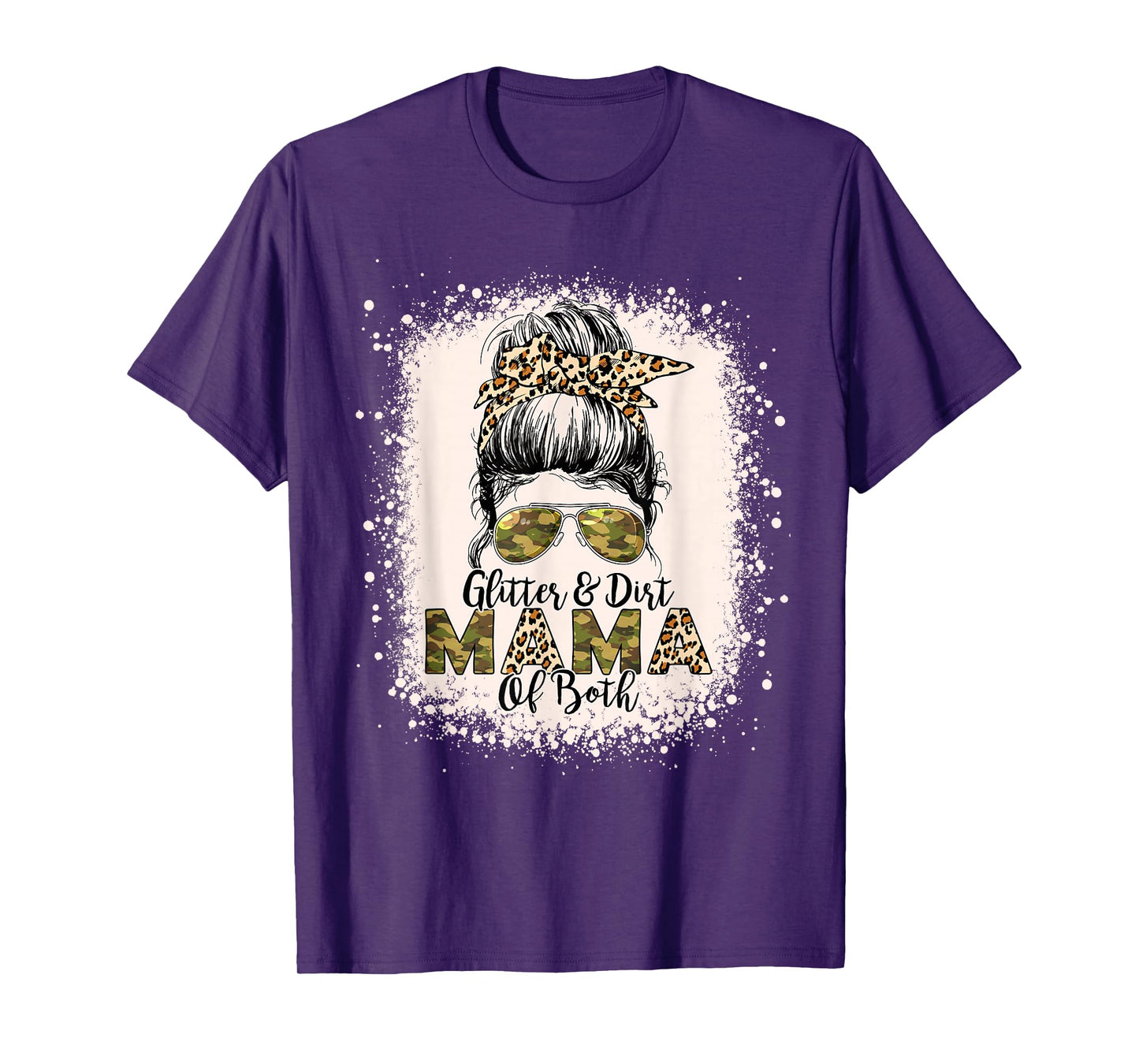 Glitter & Dirt Mama Of Both Leopard Camo Messy Bun Bleached T-Shirt