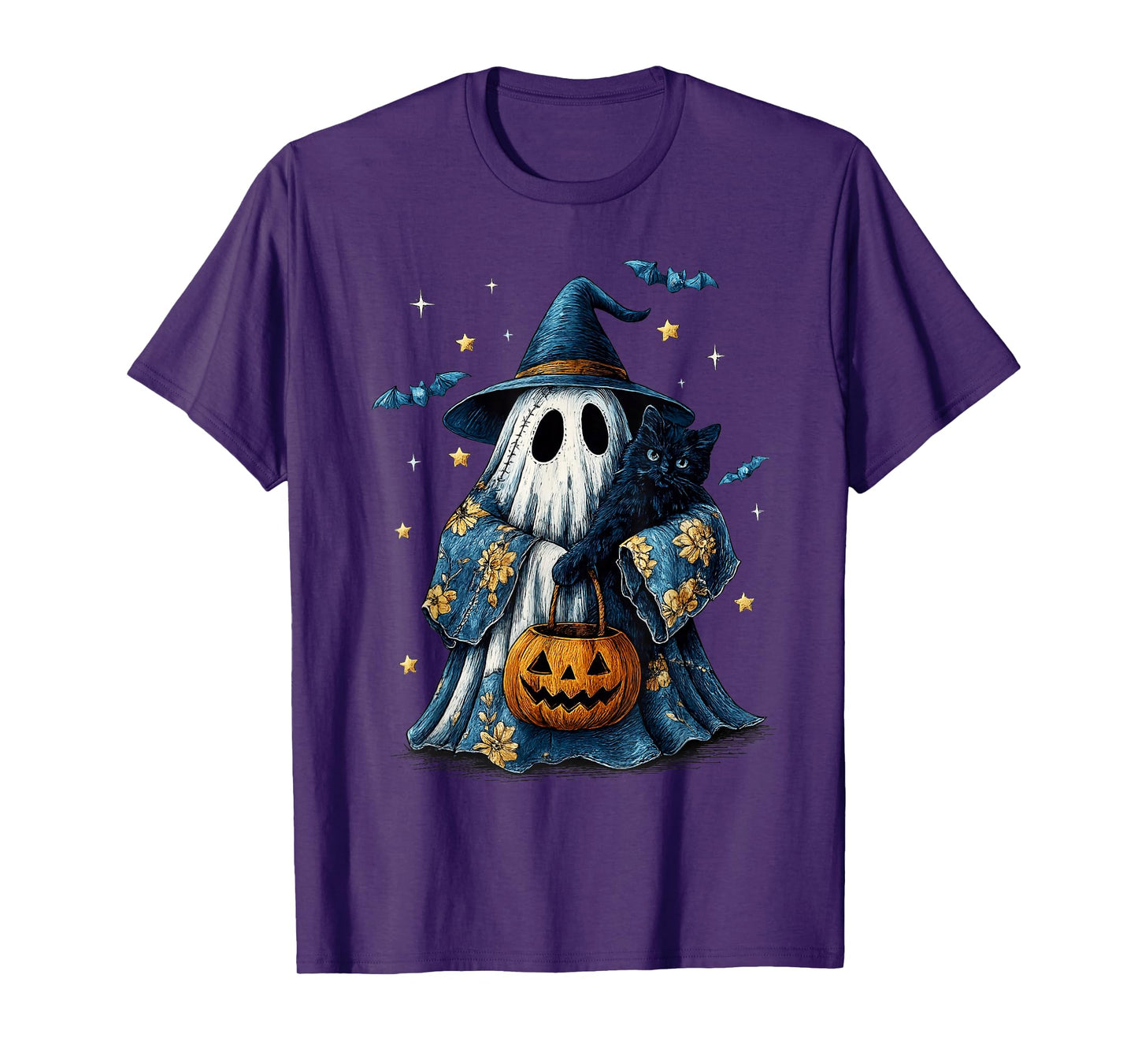 Vintage Halloween Ghost Holding Black Cat Groovy Floral T-Shirt
