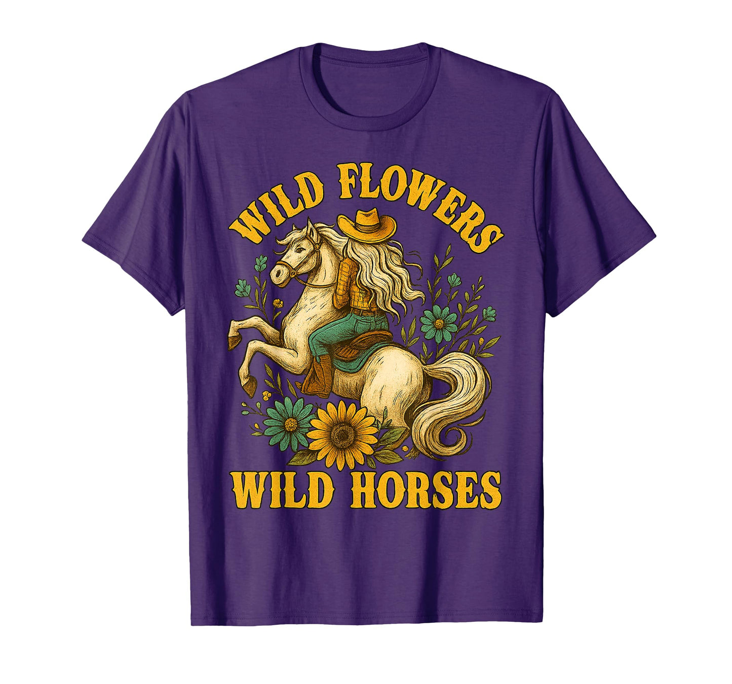 Flowers Wild Horses Cowgirl Western Vintage Gifts Women Girl T-Shirt