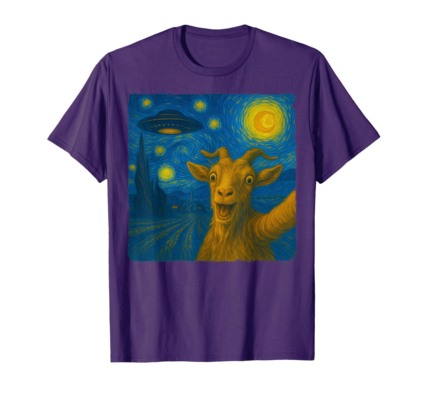 Goat Selfie with UFO Starry Night Van Gogh Art Men Women Kid T-Shirt