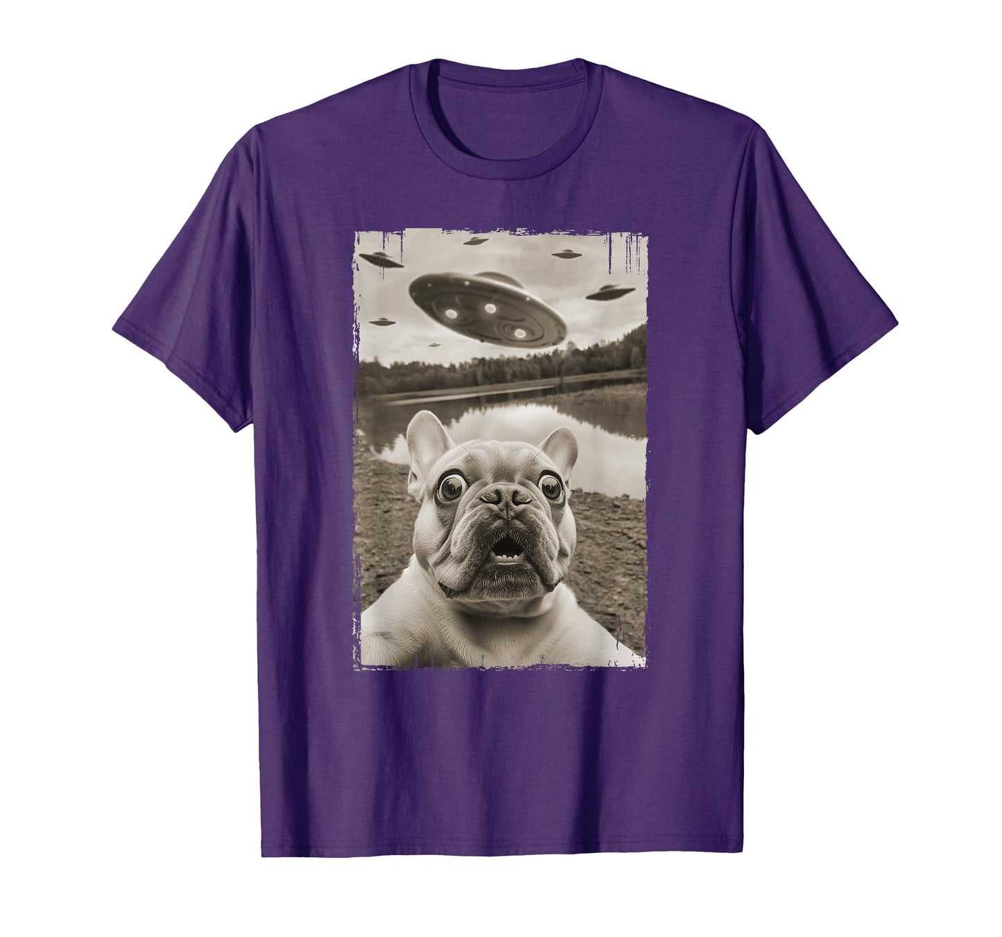 French Bulldog and UFO - Funny UFO and French Bulldog Selfie T-Shirt for Men Women Kids