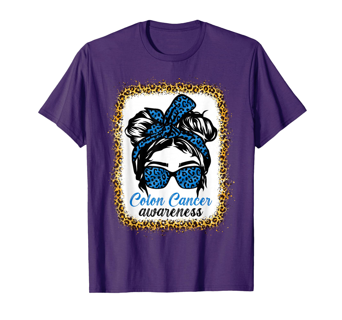 Messy bun Blue Colon Cancer Awareness Leopard Bleached T-Shirt
