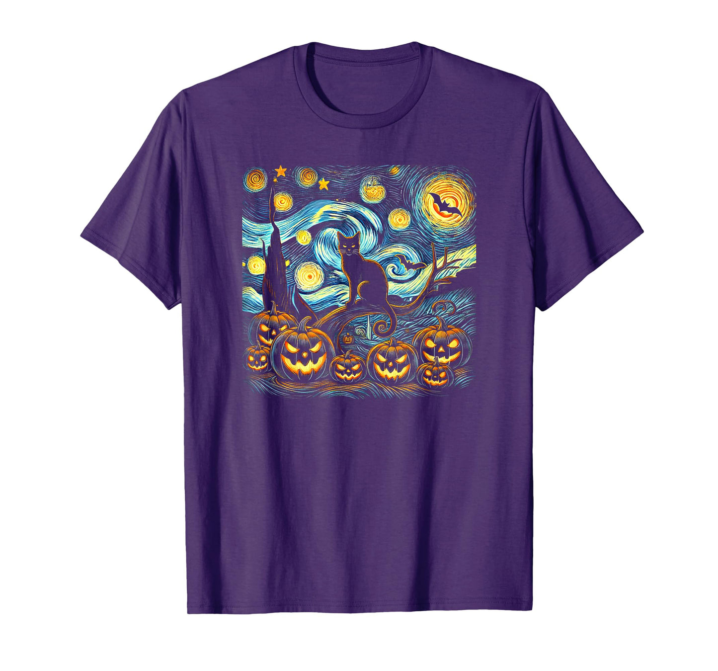 Halloween Van Gogh Starry Night Pumpkin Black Cat Costume T-Shirt