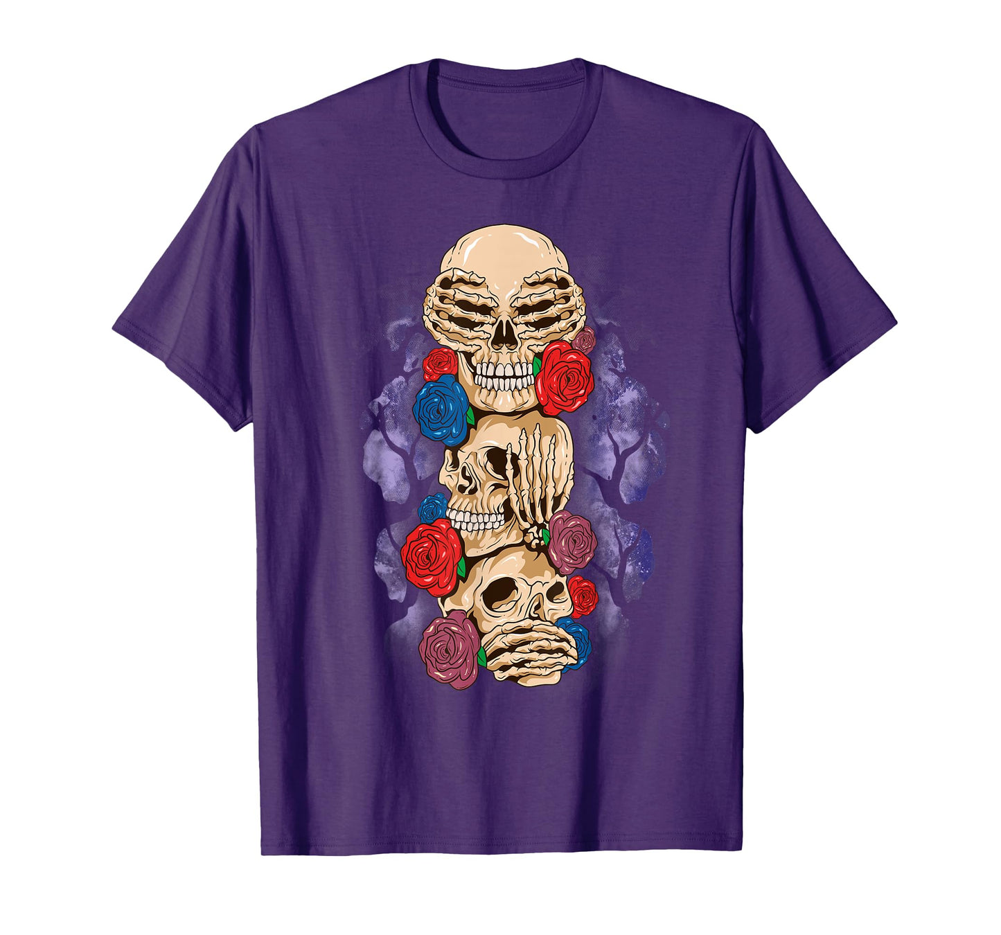 Skull Halloween See No Evil Hear Speak Wise Monkey Rose T-Shirt
