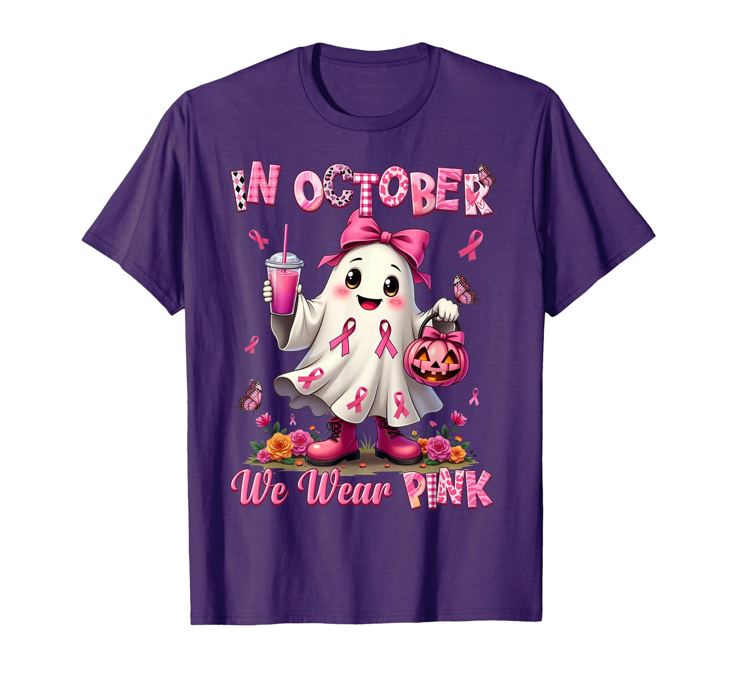 In October We Wear Pink Ghost Breast Cancer Awareness T-Shirt