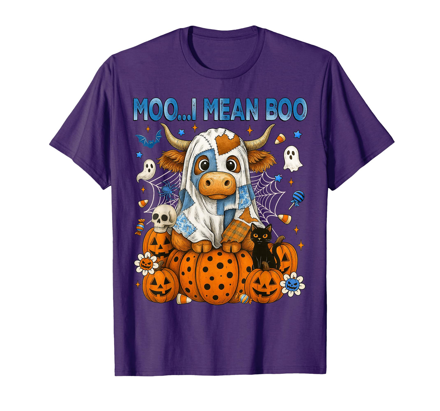 Retro Moo I Mean Boo Blue Denim Highland Cow Ghost Halloween T-Shirt