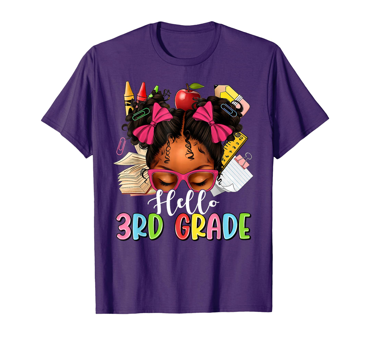 Hello Third Grade Back To School Messy Bun Afro Girl Kids T-Shirt