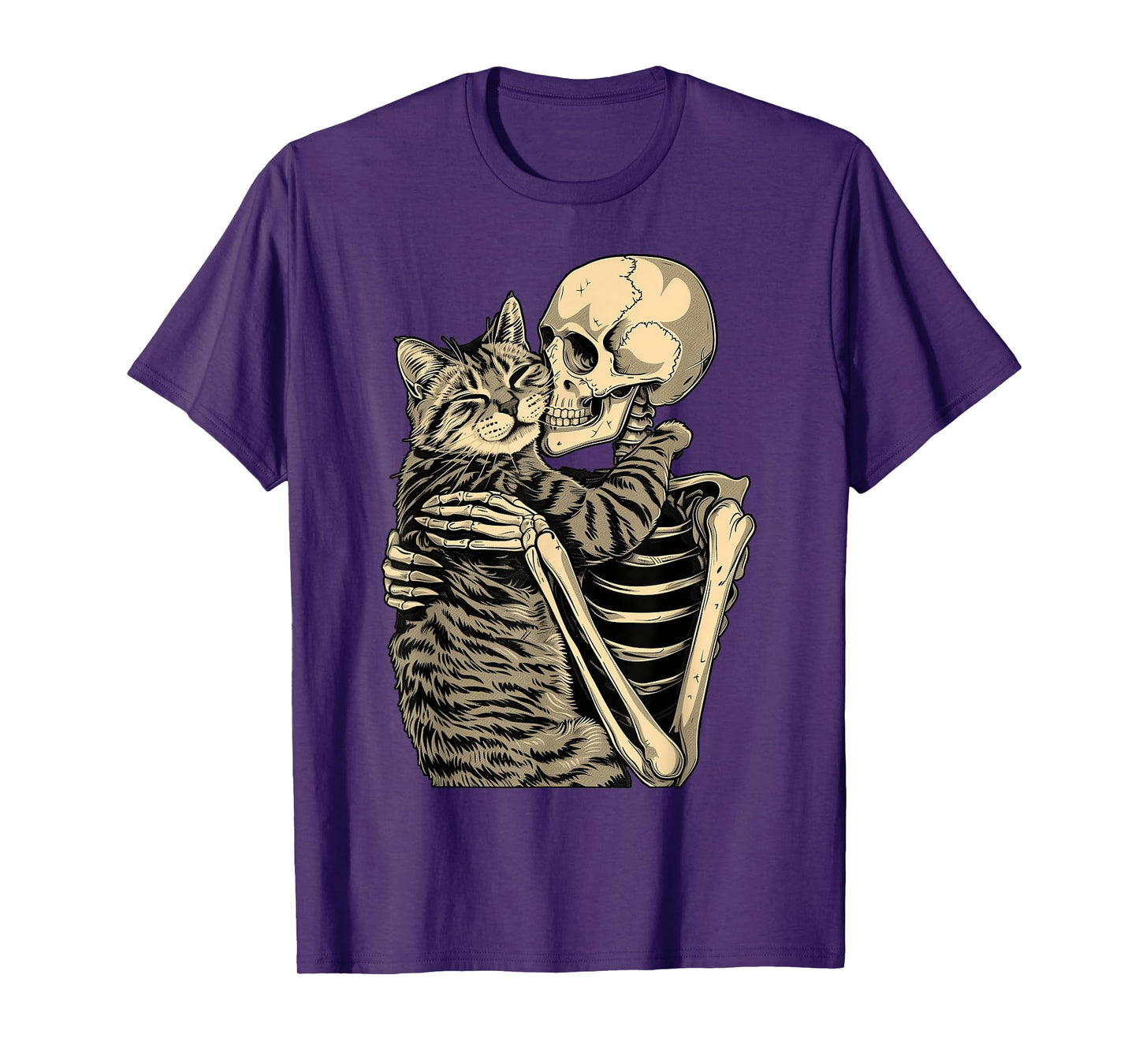 Skeleton Hugging Cat Halloween T-Shirt for Cat Lovers
