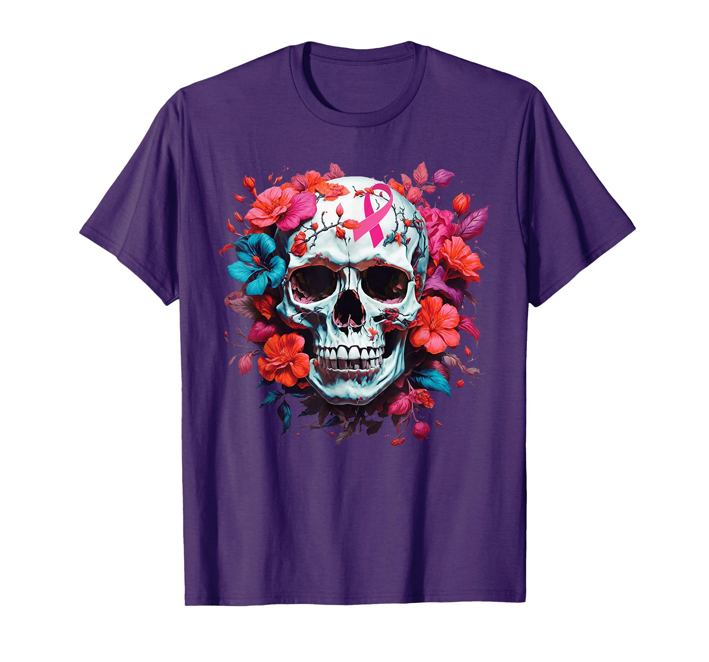 Breast Cancer Skull Shirt For Women Sugar Skull Pink Ribbon T-Shirt