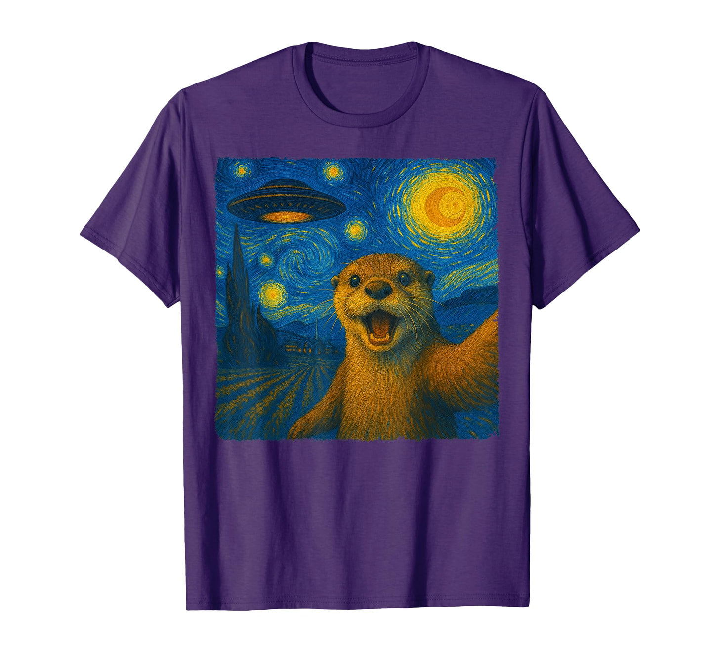 Otter Selfie with UFO Starry Night Van Gogh Men Women Kid T-Shirt