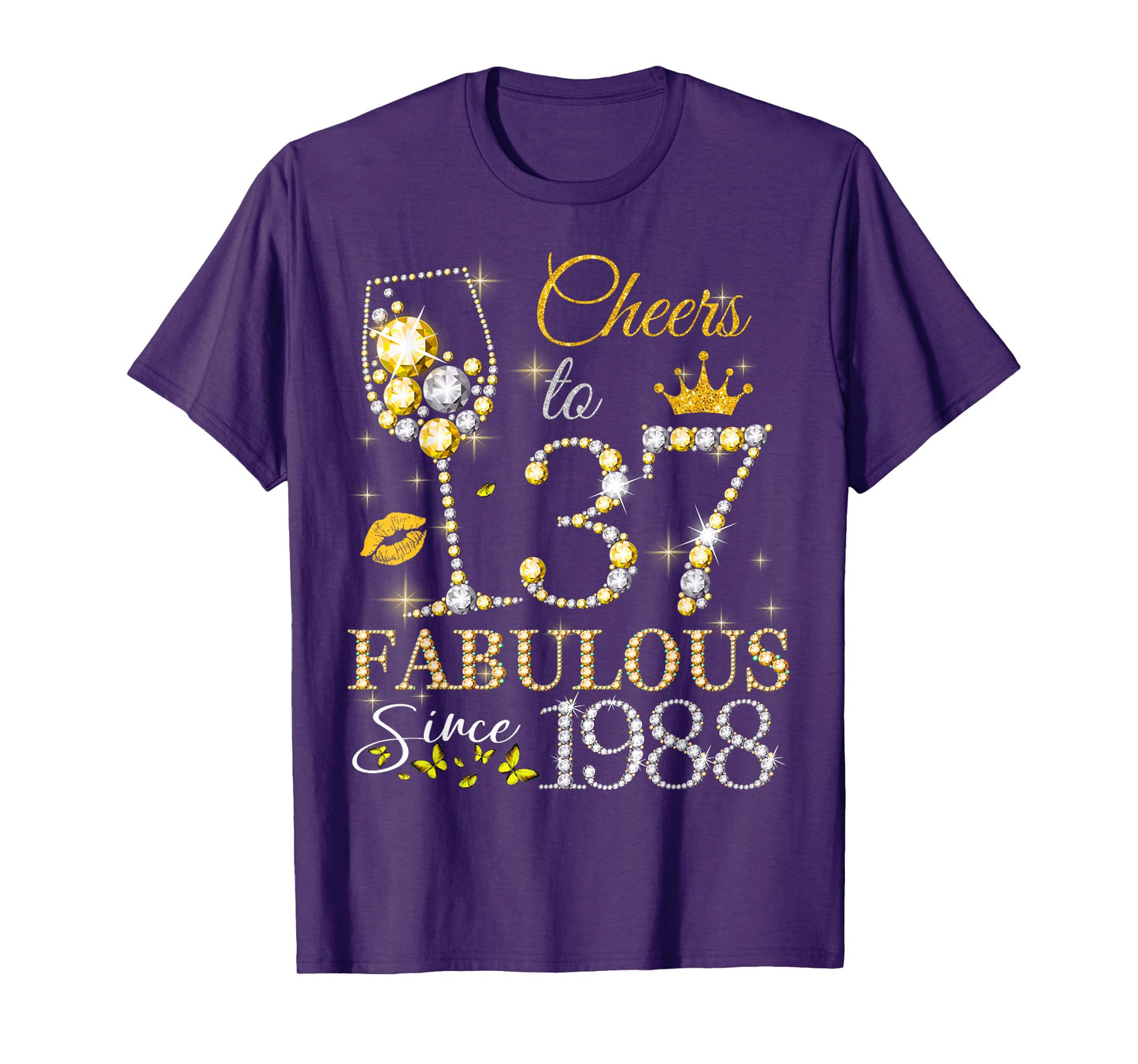 Womens Cheers to 37 Years Old EST 1988 37th Birthday Queen T-Shirt