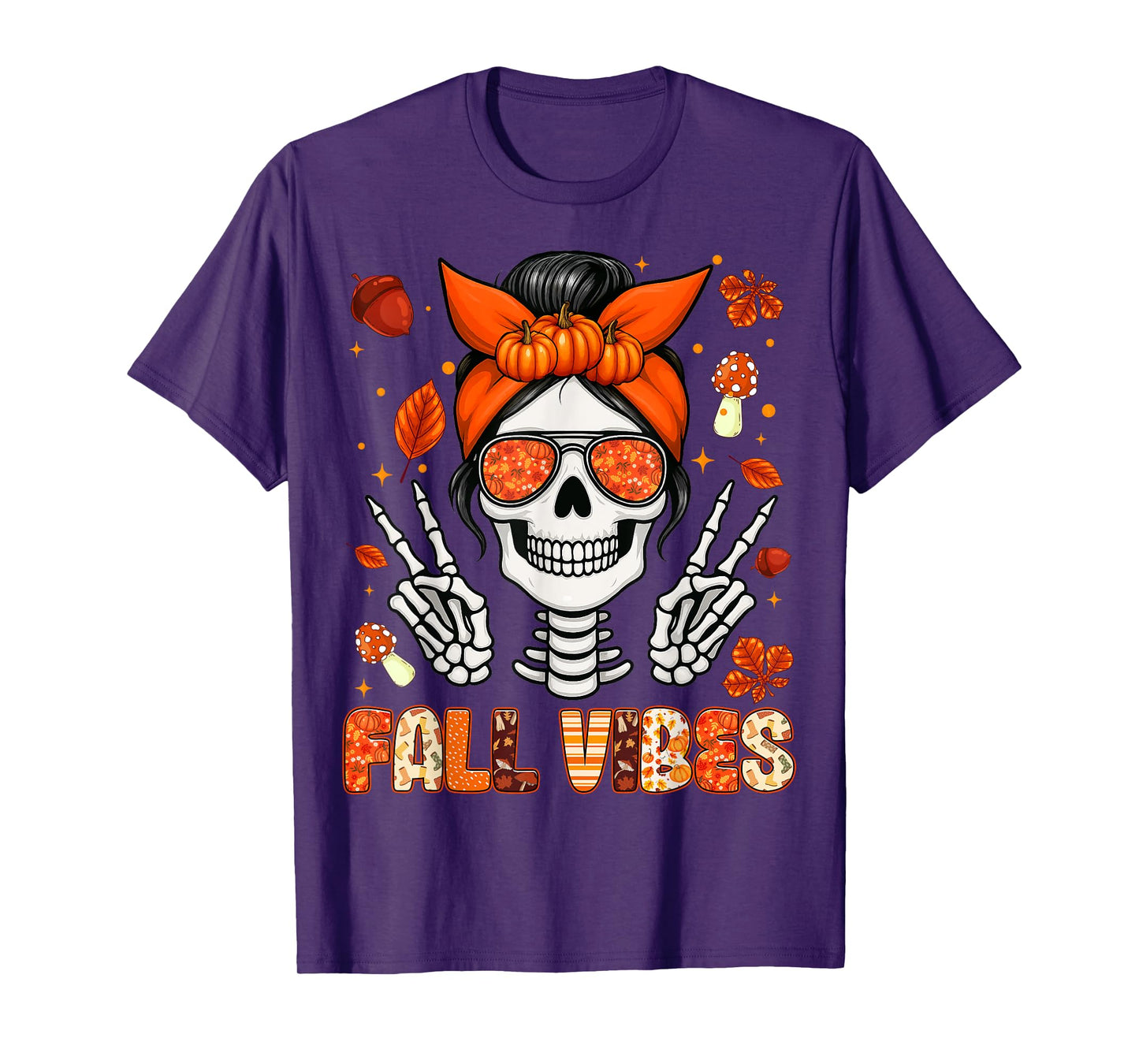 Fall Vibes Messy Bun Skeleton Autumn Maple Leaf Womens Girls T-Shirt