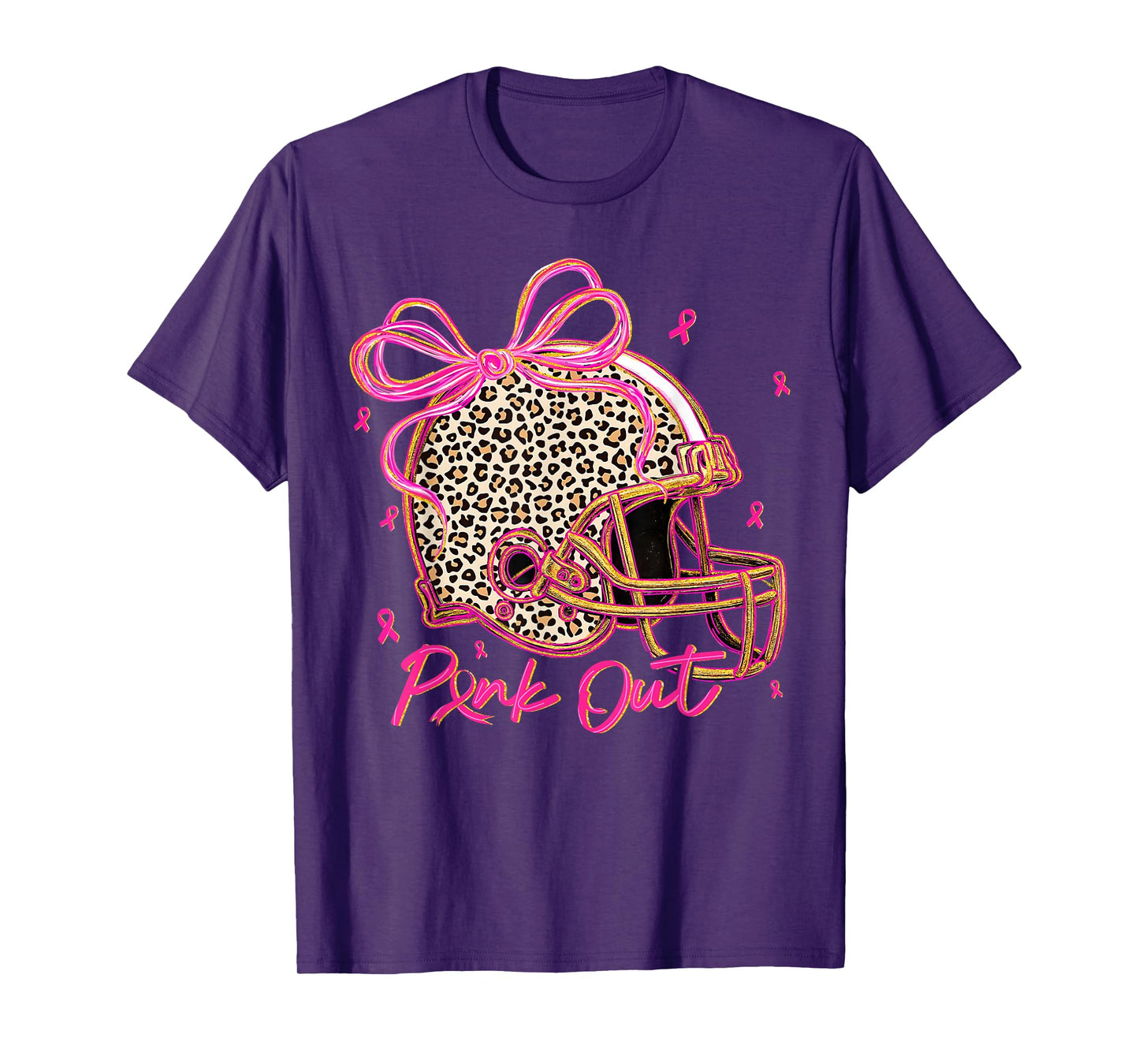 Pink Out Leopard Football Helmet Bow Preppy Breast Cancer T-Shirt