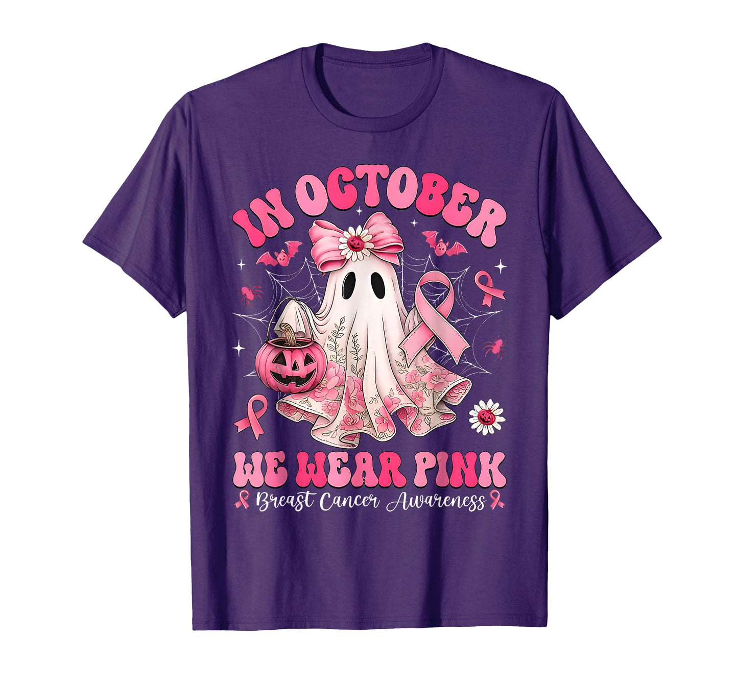 in October We Wear Pink Ghost Bow Breast Cancer Awareness T-Shirt