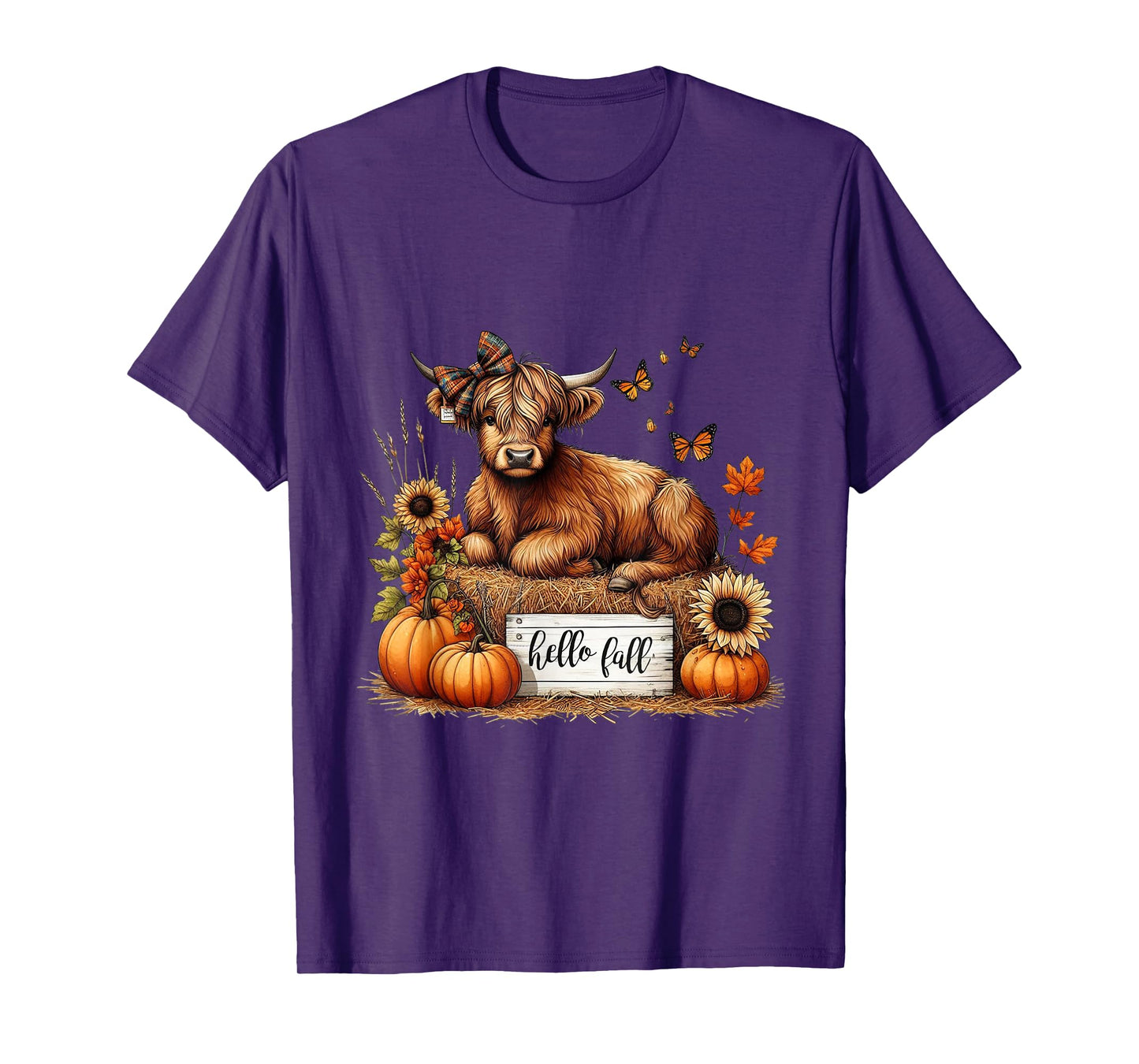 Hello Fall Pumkin Highland Cow Fall Autumn Thanksgiving T-Shirt