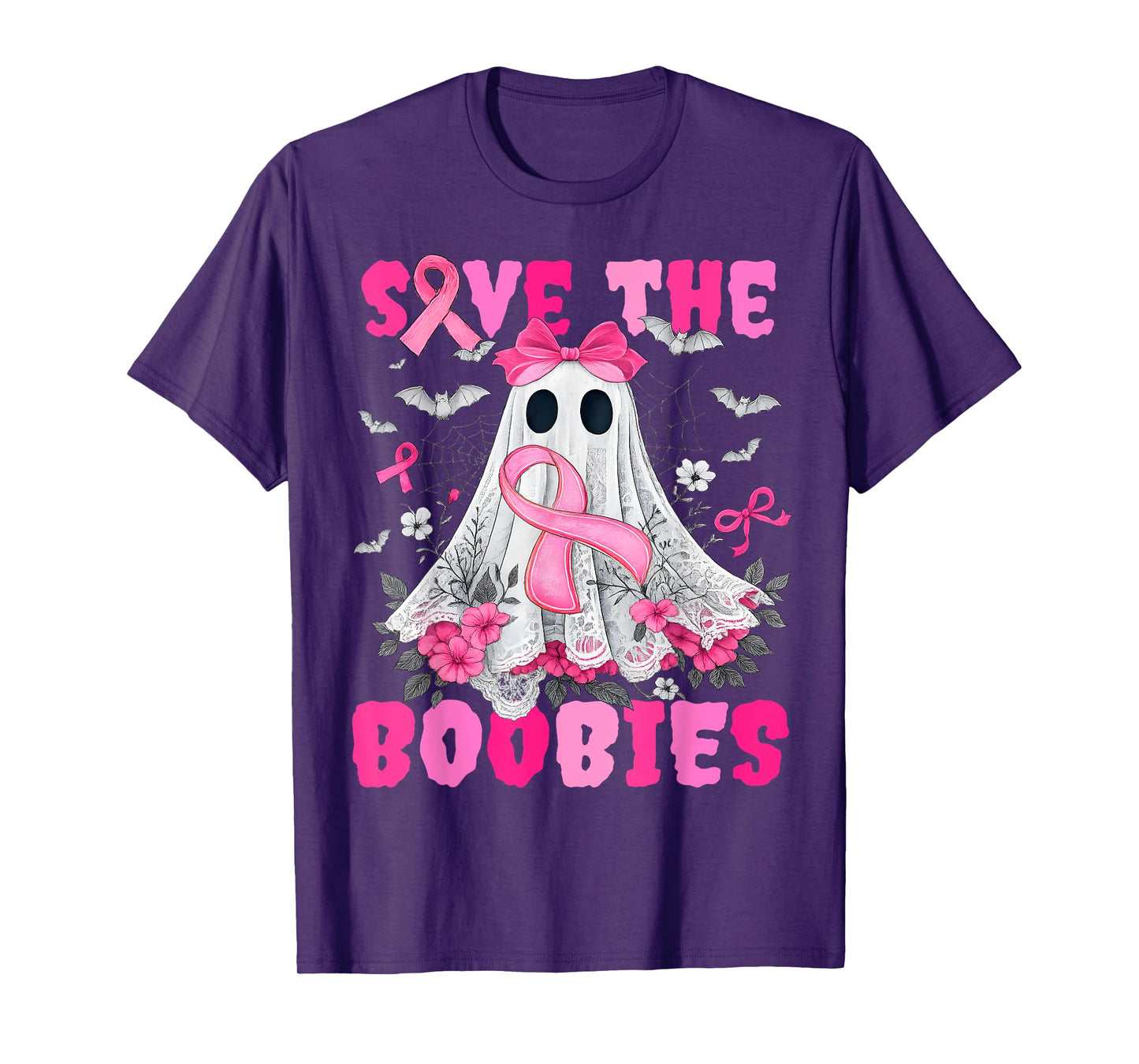 Save The Boobies Lace Bow Breast Cancer Awareness Halloween T-Shirt