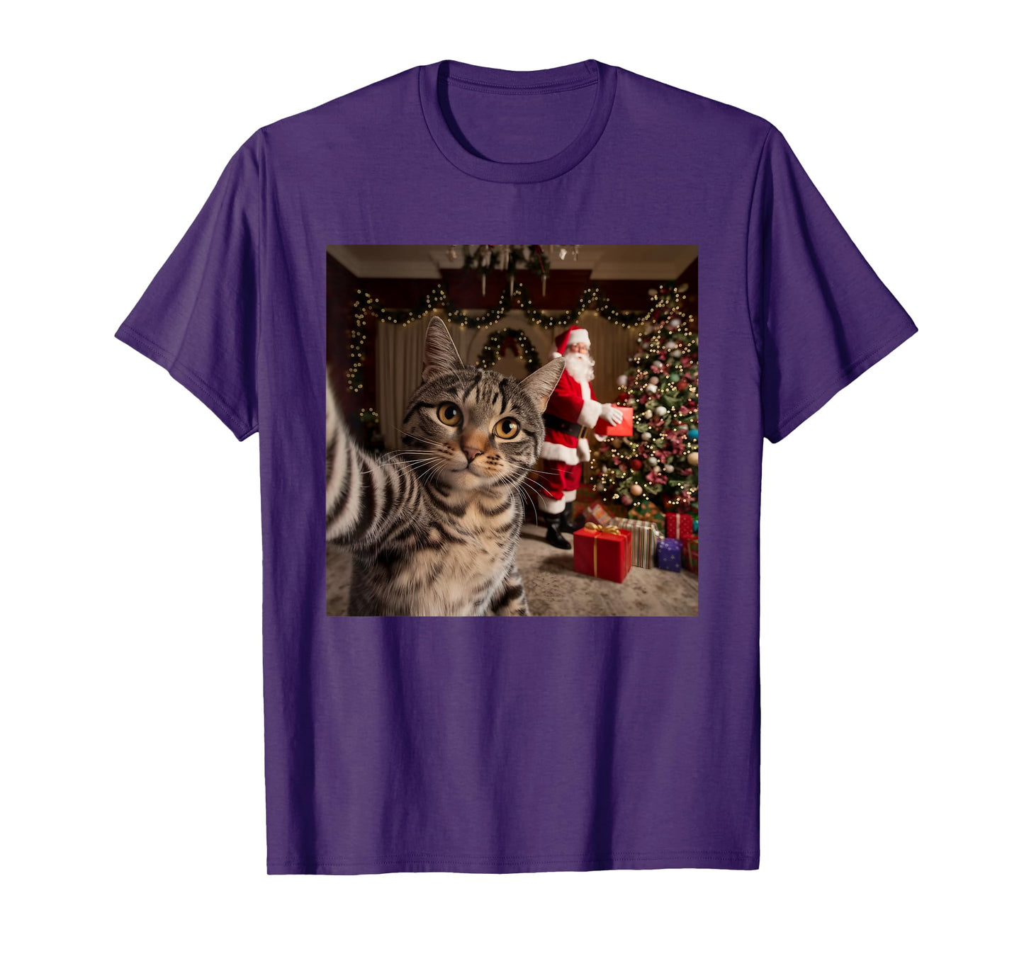 Christmas Cat Selfie with Santa Claus Cute Holiday Photo T-Shirt for Men Women Kids
