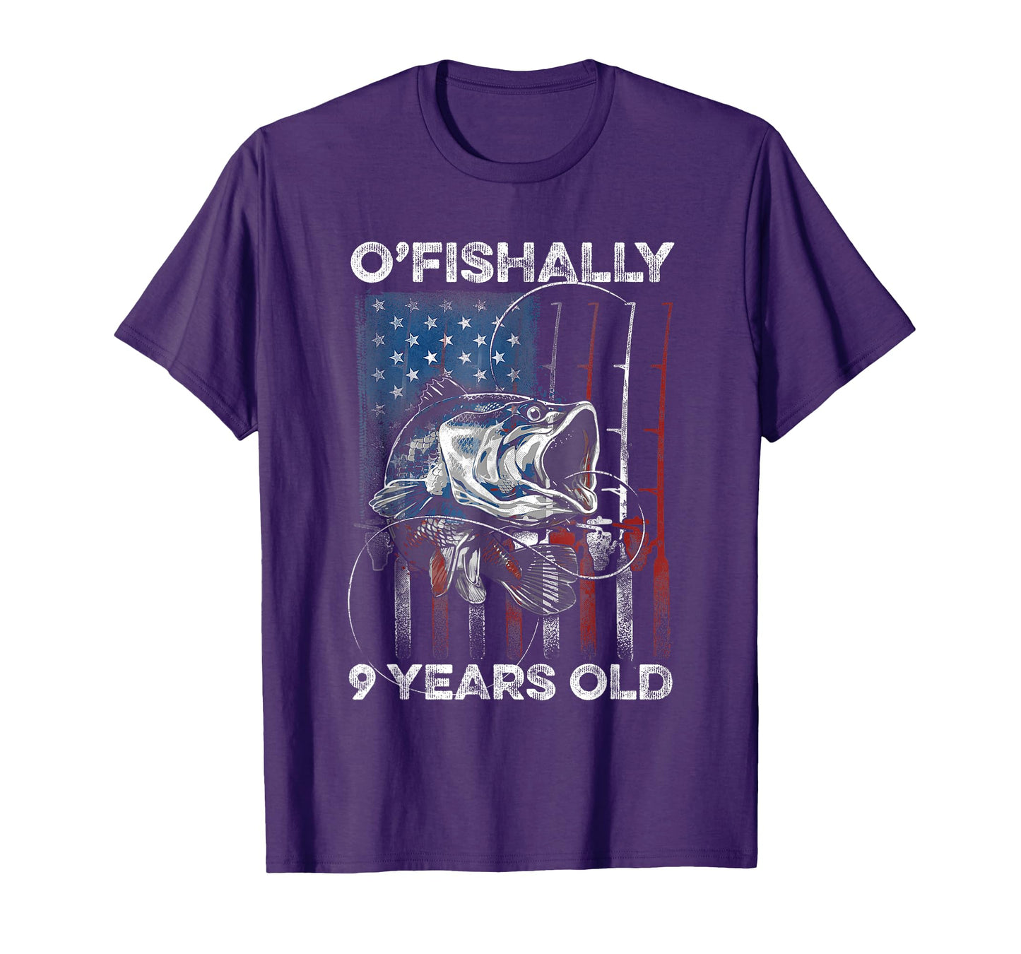 Ofishally 9 Year Old Shirt 9th Birthday Fishing US Flag T-Shirt