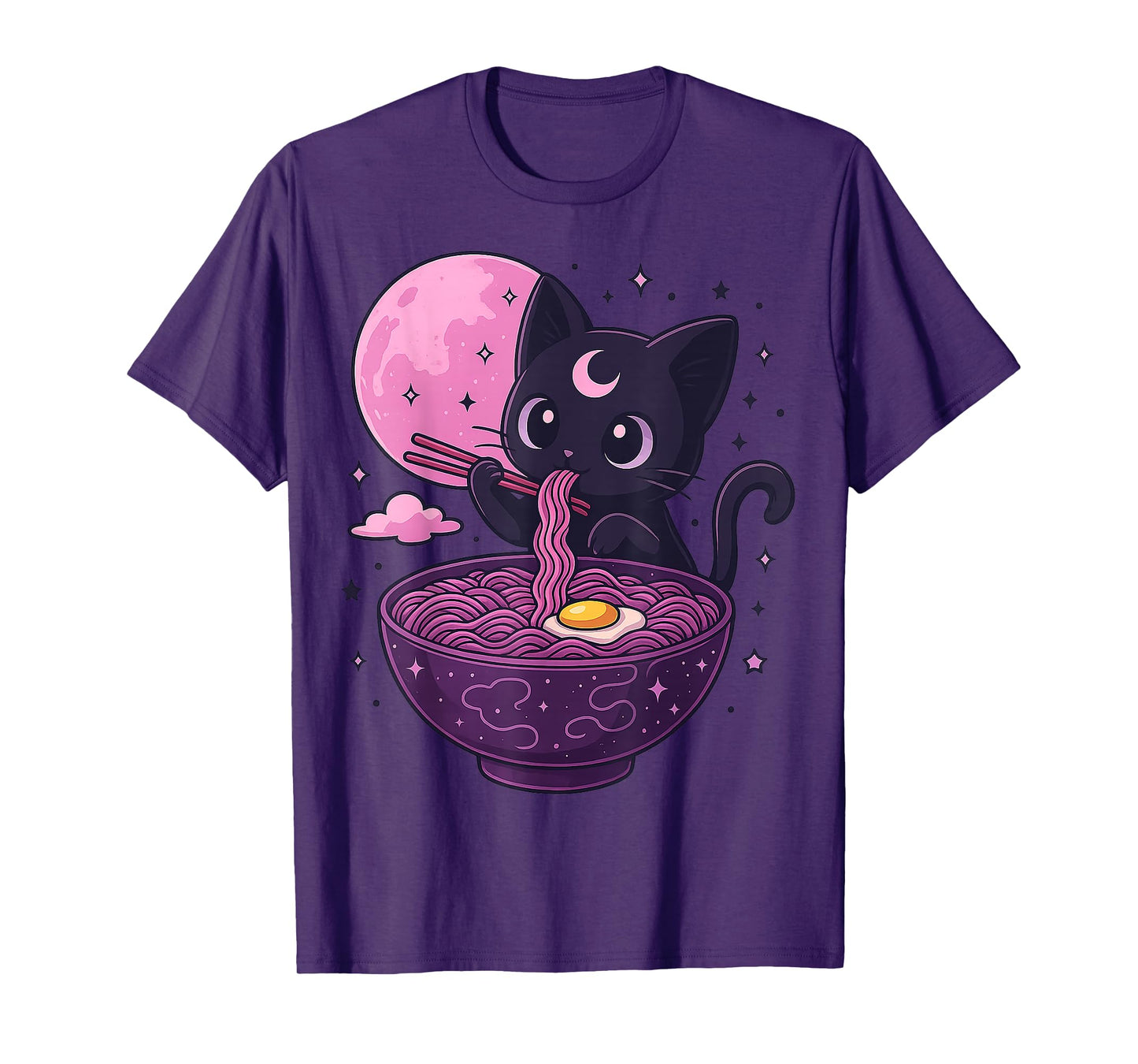 Kawaii Pastel Goth Cat Eating Ramen Under Moon Japanese T-Shirt