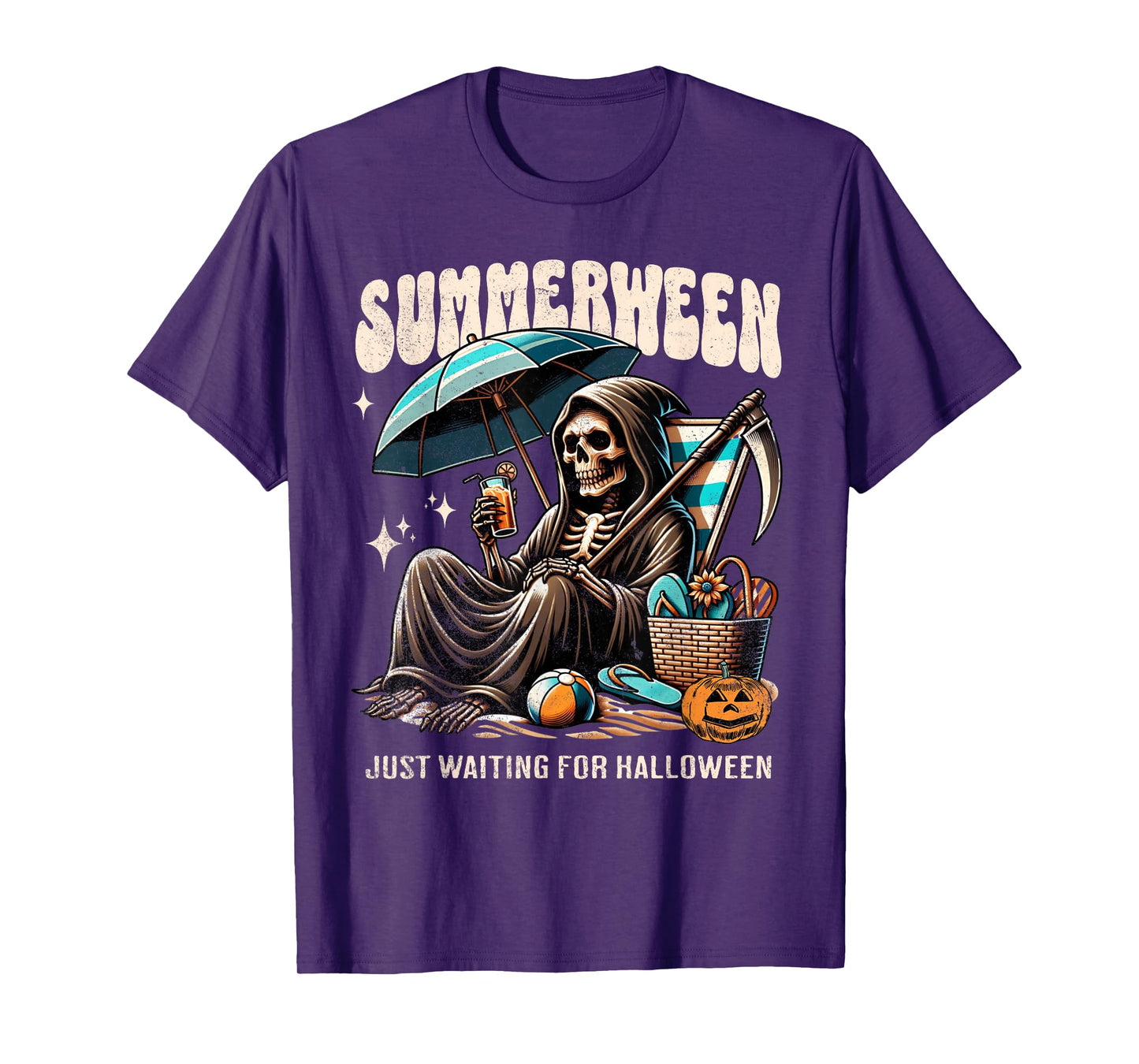 Summerween Grim Reaper Skeleton Summer Vibes Halloween Ghost Men Women Kids T-Shirt
