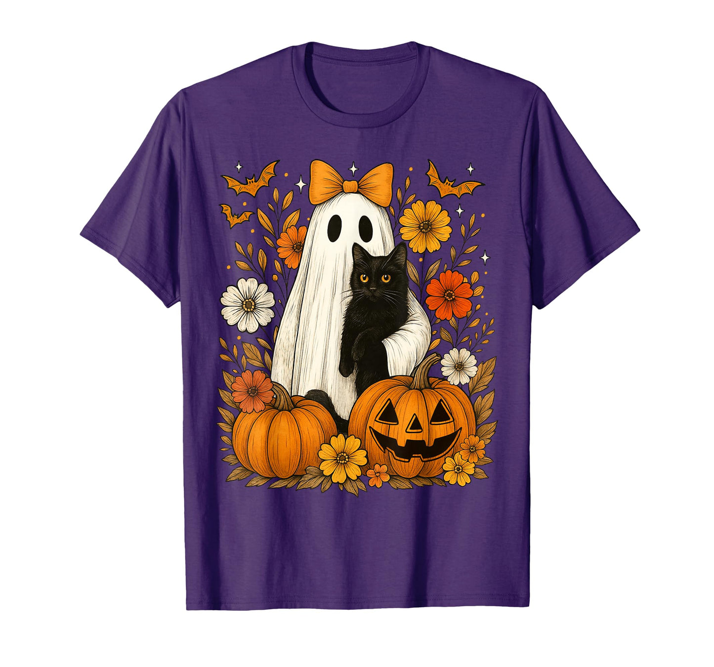 Vintage Halloween Ghost Holding Black Cat Groovy Floral T-Shirt