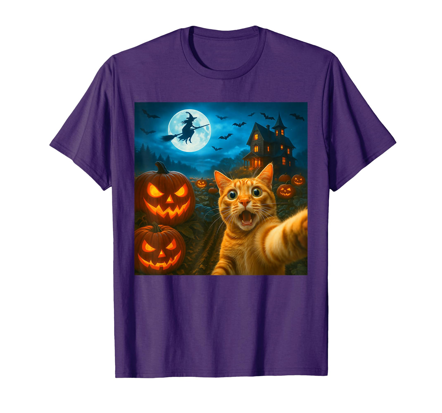 Funny Halloween Cat Selfie with Spooky Pumpkins Men Women T-Shirt