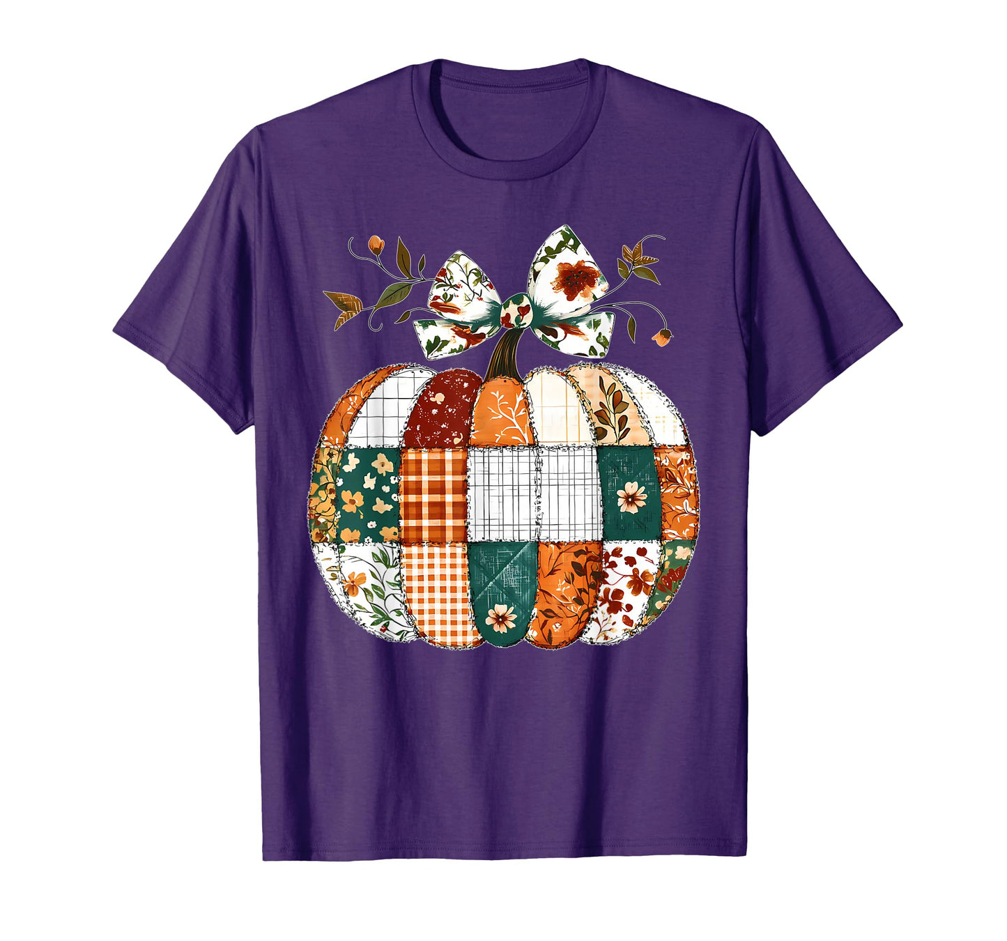 Patchwork Quilt Floral Pumpkin Coquette Bow Fall Halloween T-Shirt