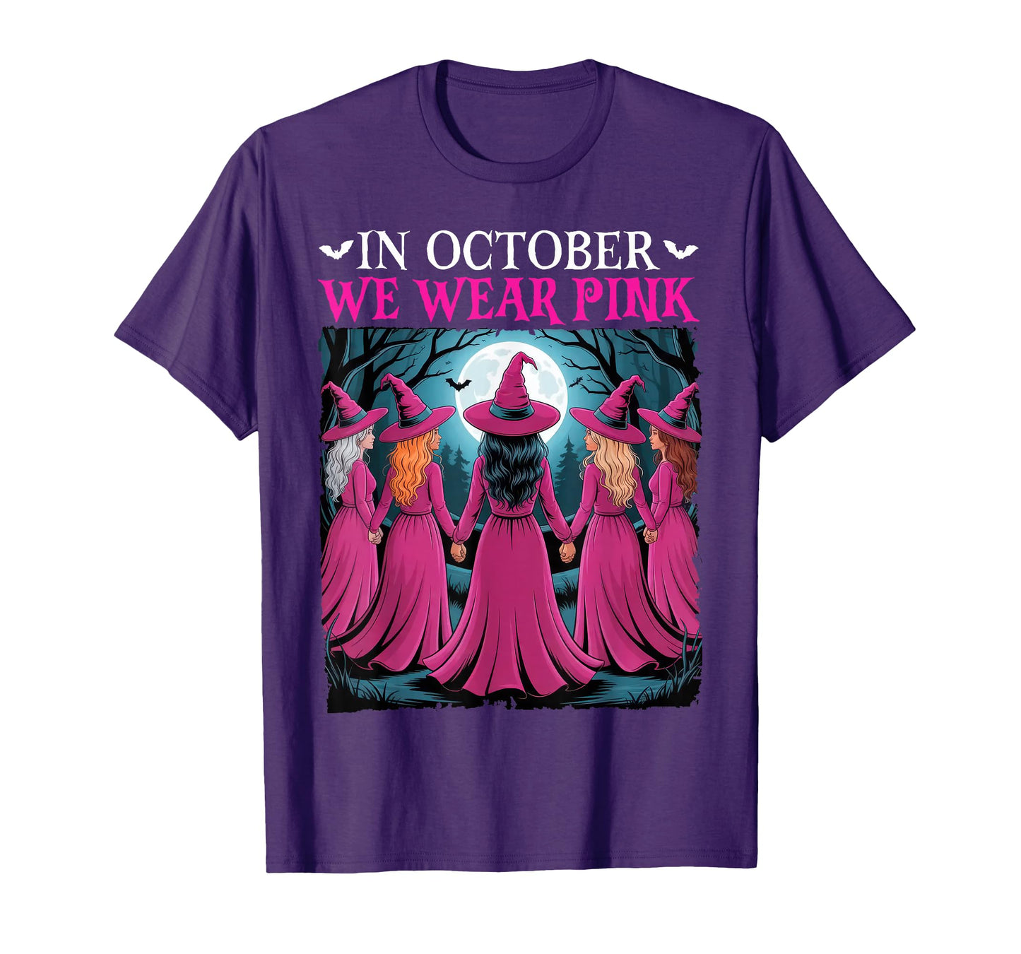 in October We Wear Pink Witch Halloween Breast Cancer Women T-Shirt
