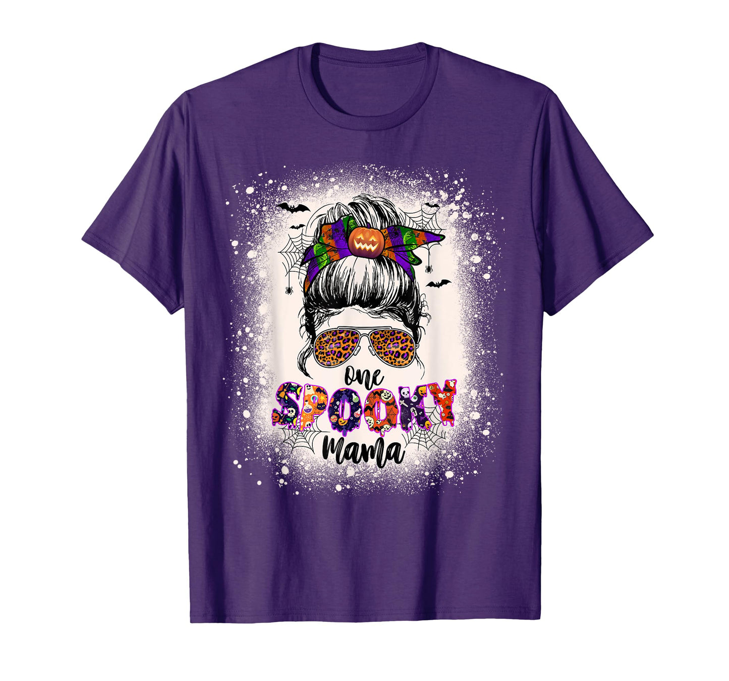 One Spooky Mama Mommy Halloween Mom Life Messy Bun Bleached T-Shirt