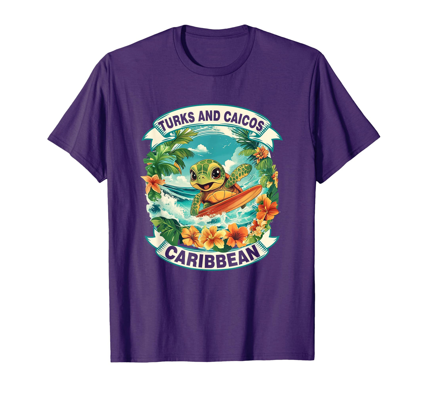 Turks And Caicos Caribbean Cute Sea Turtle Surfing Summer T-Shirt