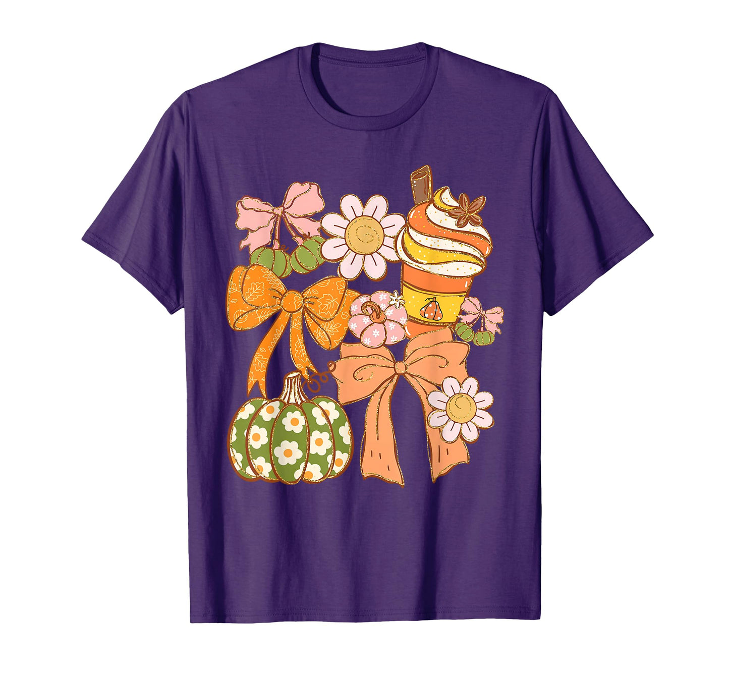 Coquette Bow Pumpkin Season Autumn Fall Leaves Thanksgiving T-Shirt