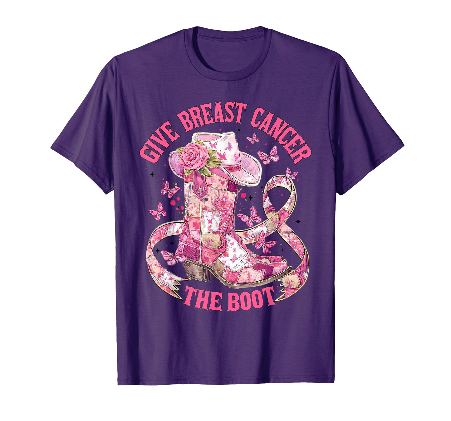 Give Breast Cancer The Boot Pink Ribbon Western Cowboy Boots T-Shirt