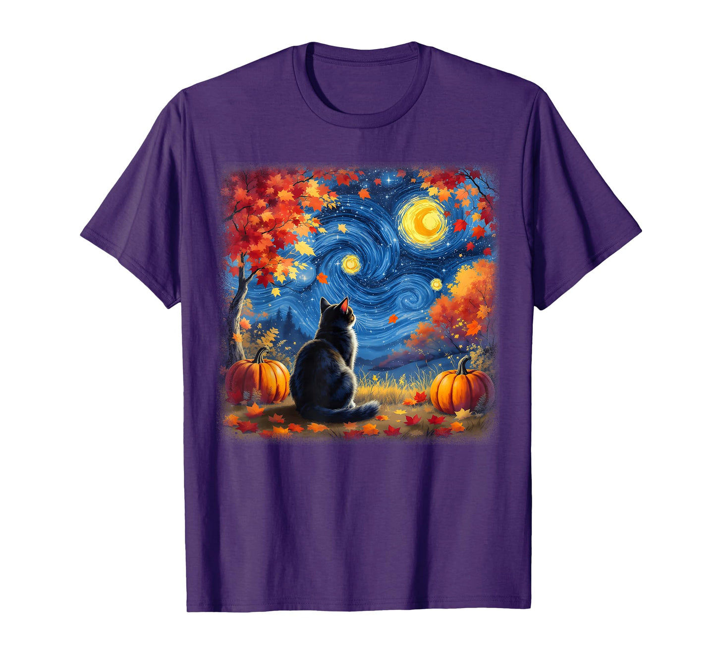 Cat Starry Night Van Gogh Cat Lover Thanksgiving Fall Autumn T-Shirt