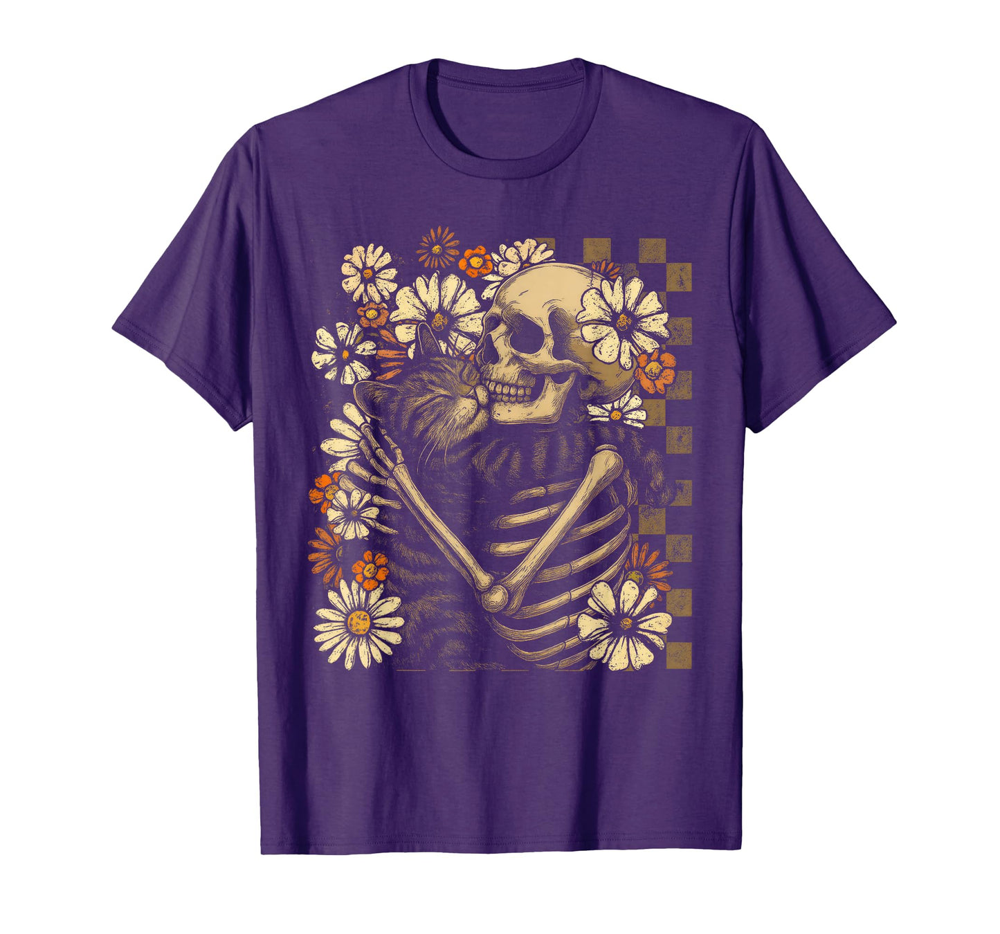 Floral Skeleton Hugging Cat Halloween Cat Lover Cat Mom Dad T-Shirt