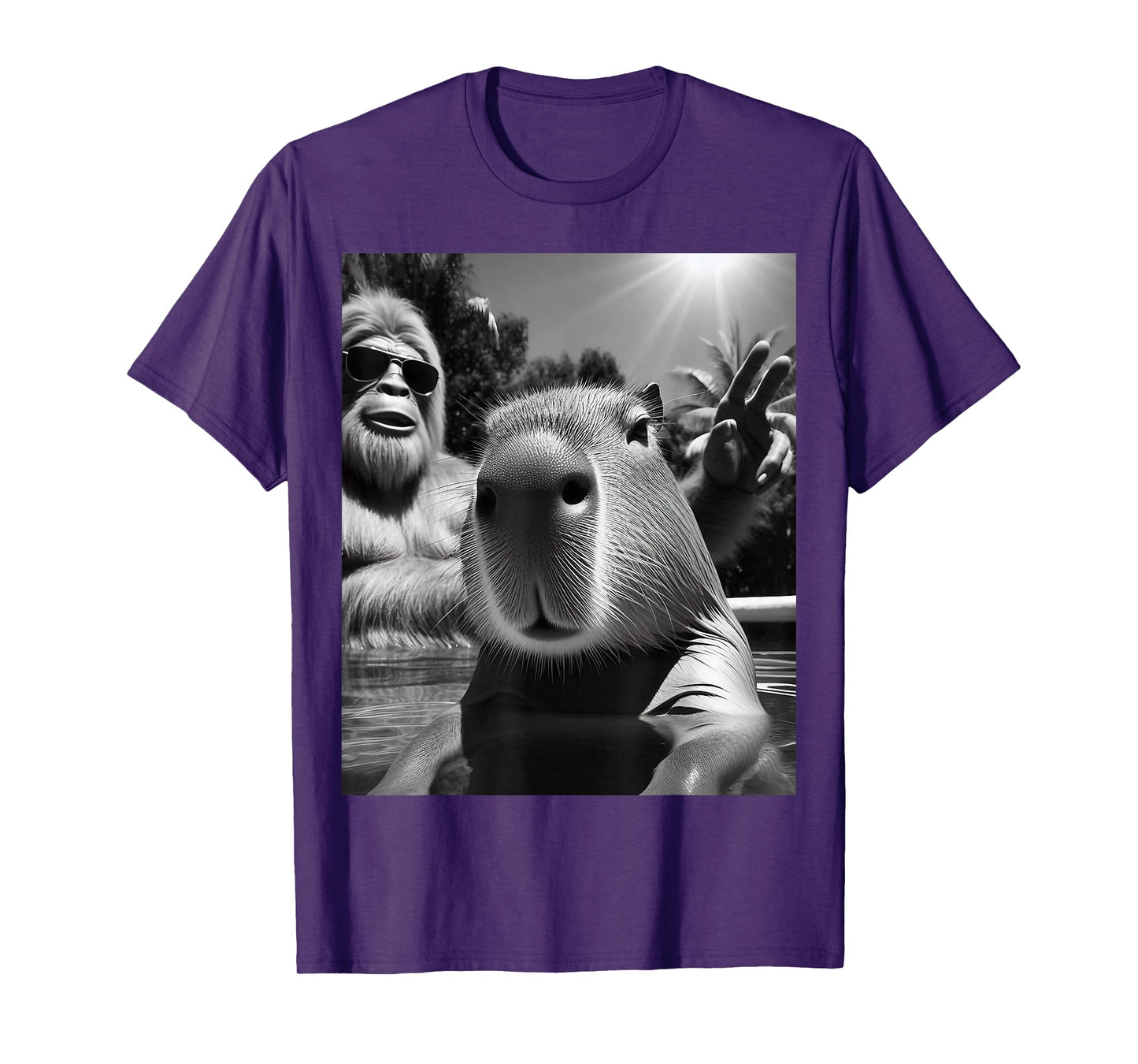 Funny Sasquatch Swimming Pool Capybara Selfie With Bigfoot T-Shirt