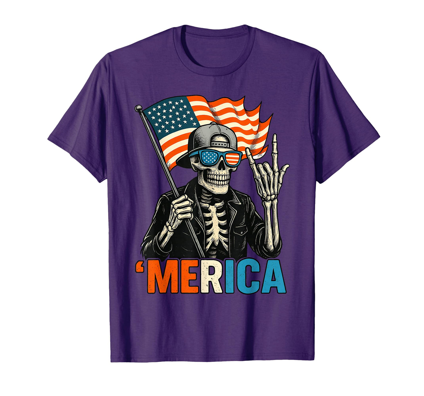 Skeleton Merica Rock American Flag Patriotic USA 4th Of July T-Shirt