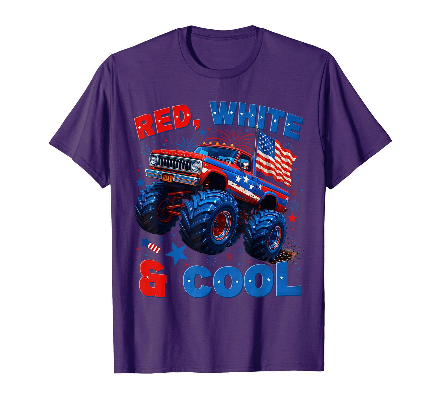 4th Of July Red White And Cool Monster Truck Fireworks Boys T-Shirt