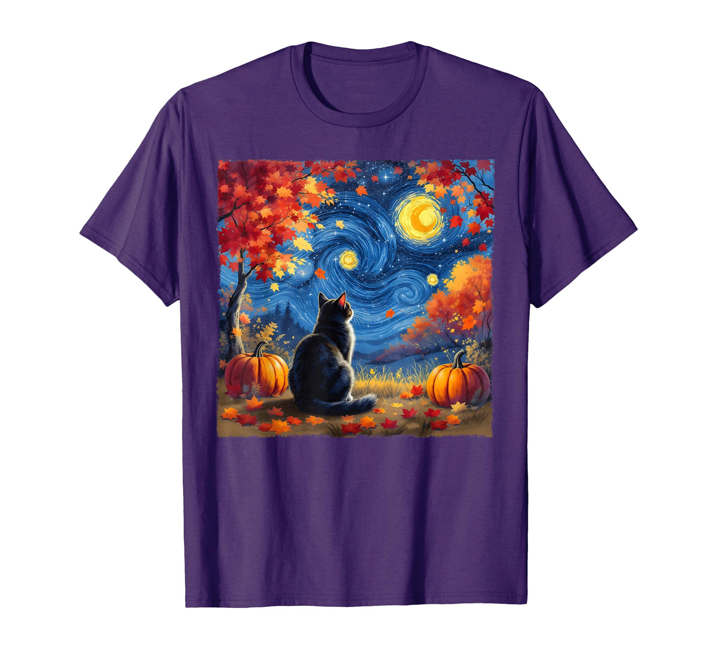 Cat Starry Night Cats Lover Thanksgiving Fall Autumn T-Shirt