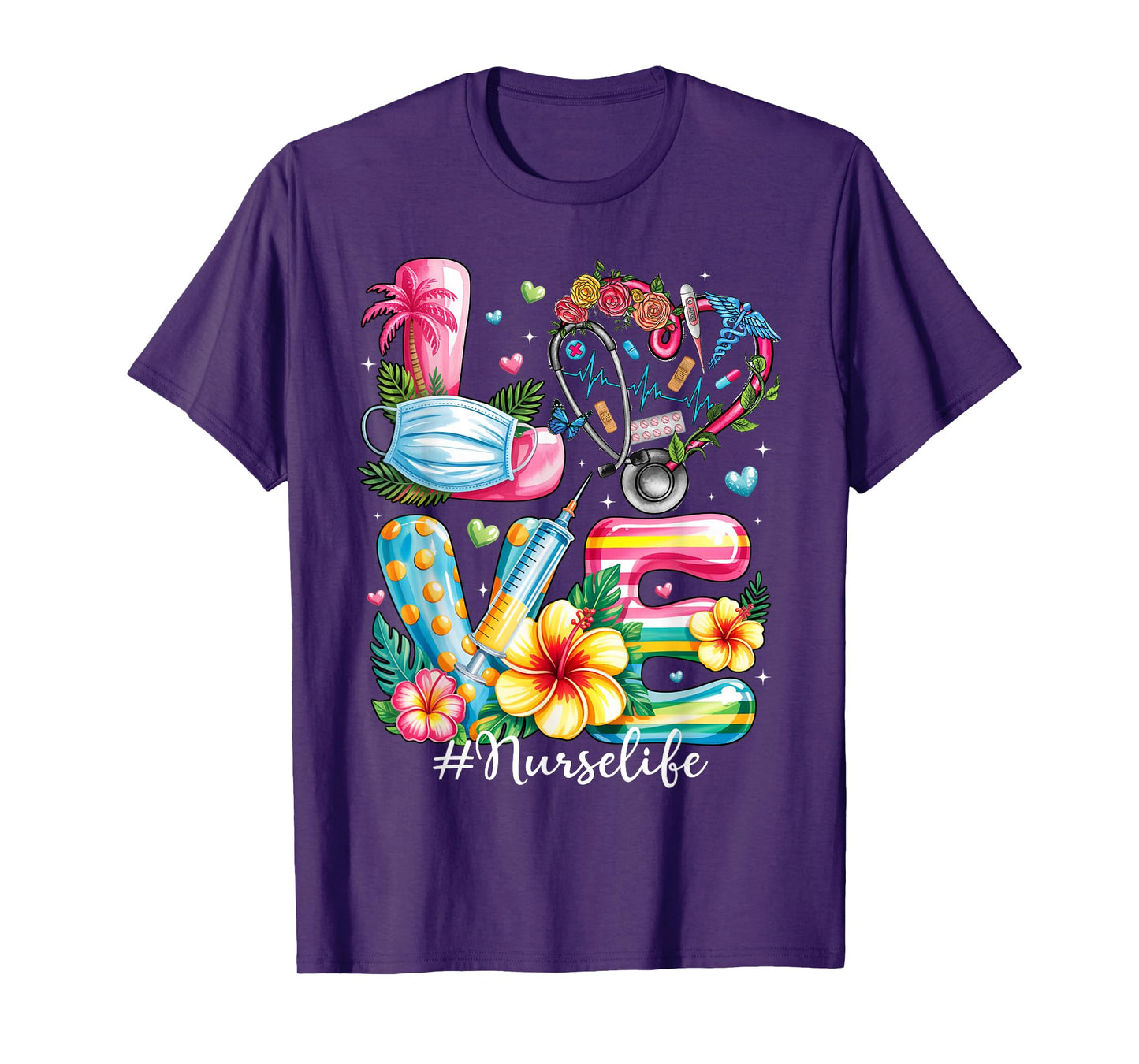 Love Summer Nurse Life Stethoscope Tropical Flowers Hawaii T-Shirt