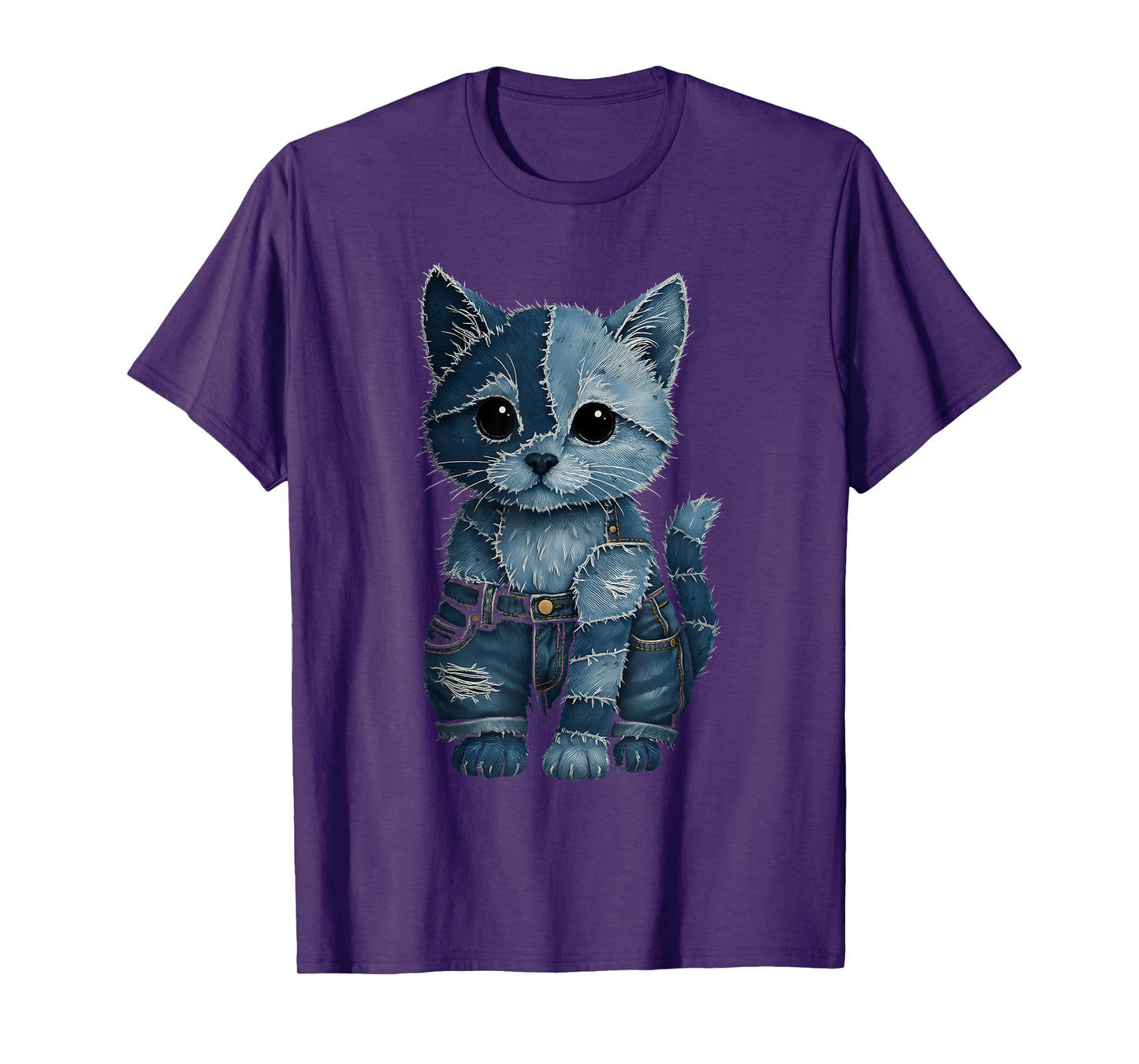 Funny cute Cat denim patchwork art T-Shirt for Men Women Kids