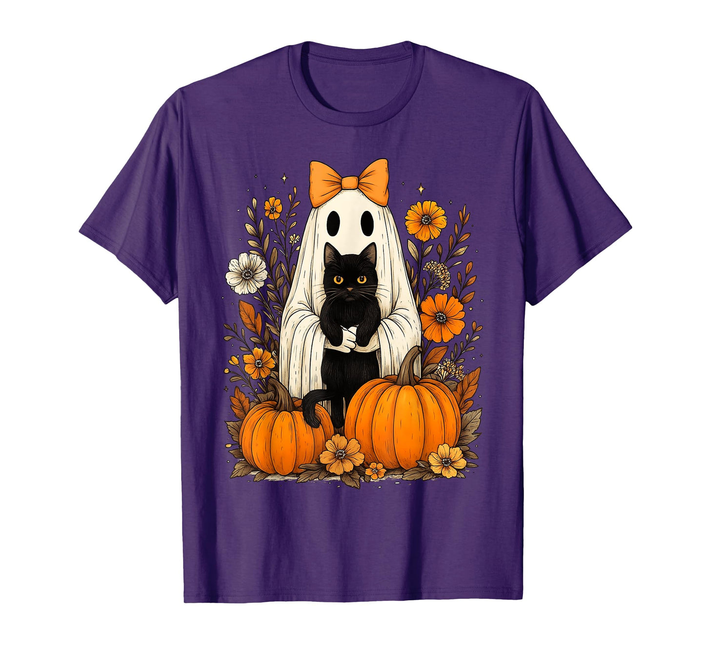 Vintage Halloween Ghost Holding Black Cat Groovy Floral T-Shirt