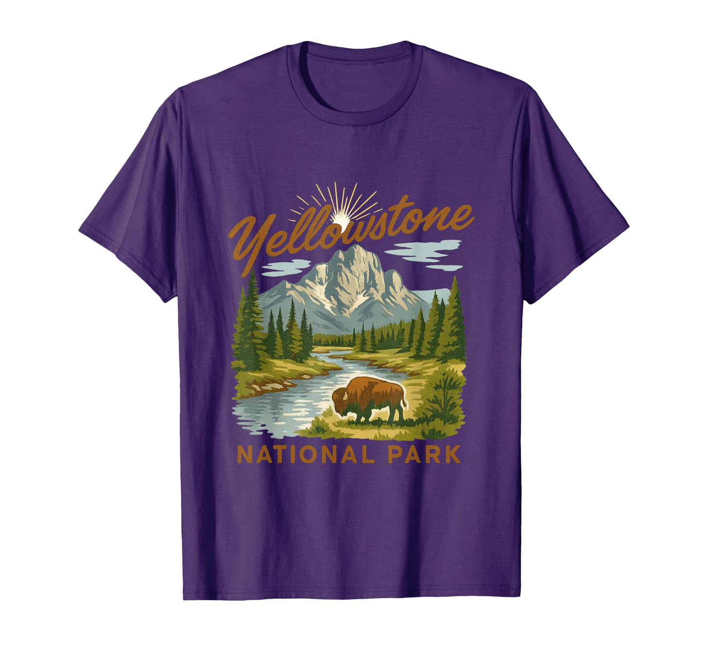 Yellowstone National Park Bison Mountain River Retro Tee T-Shirt