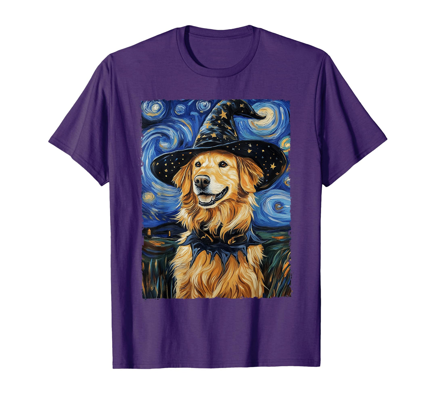 Golden Retriever Witch Costume Painting Starry Night Dog T-Shirt for Men Women Kids