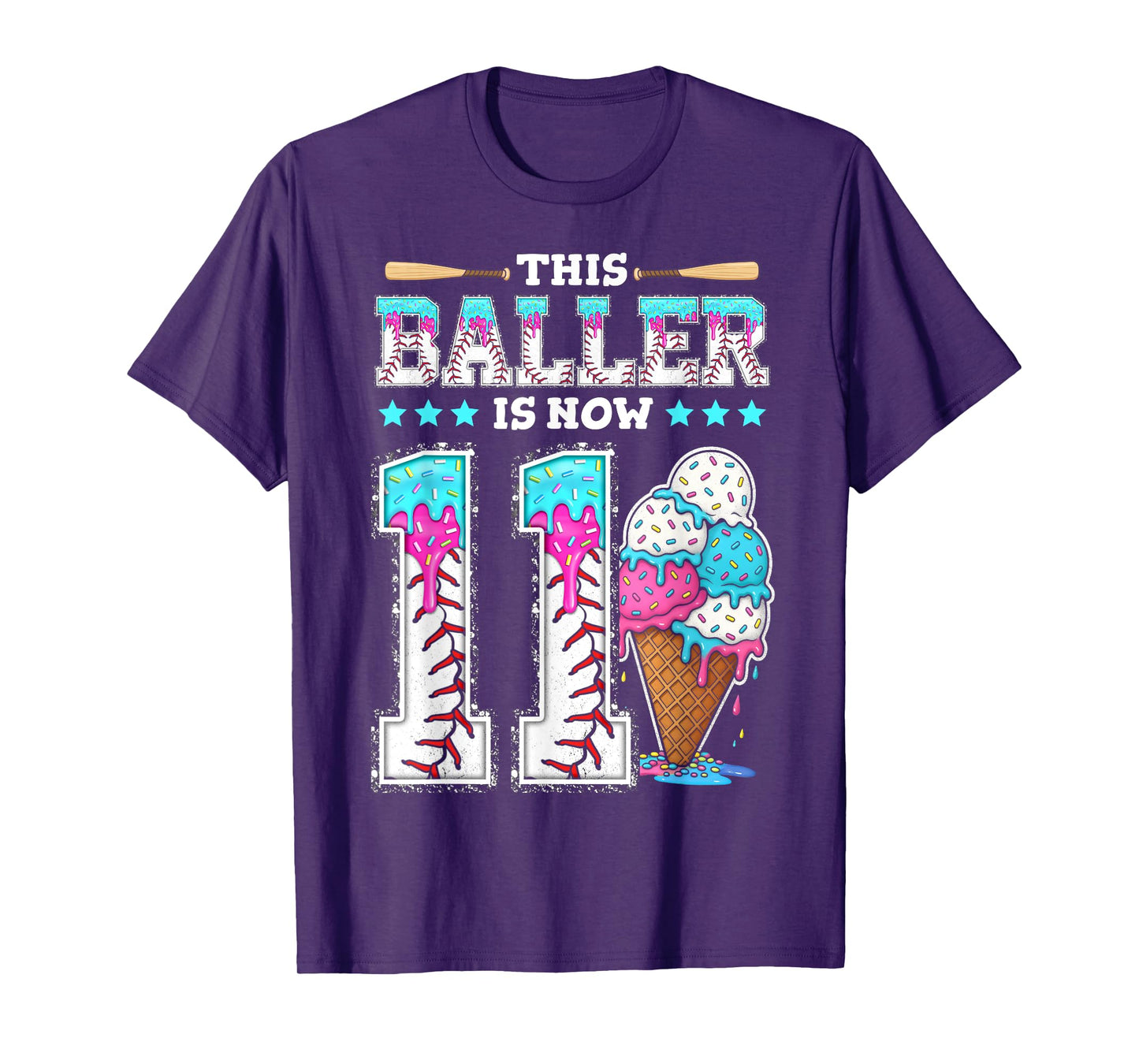 Baller Is Now 11 Year Ice Cream Drip 11th Birthday Baseball T-Shirt