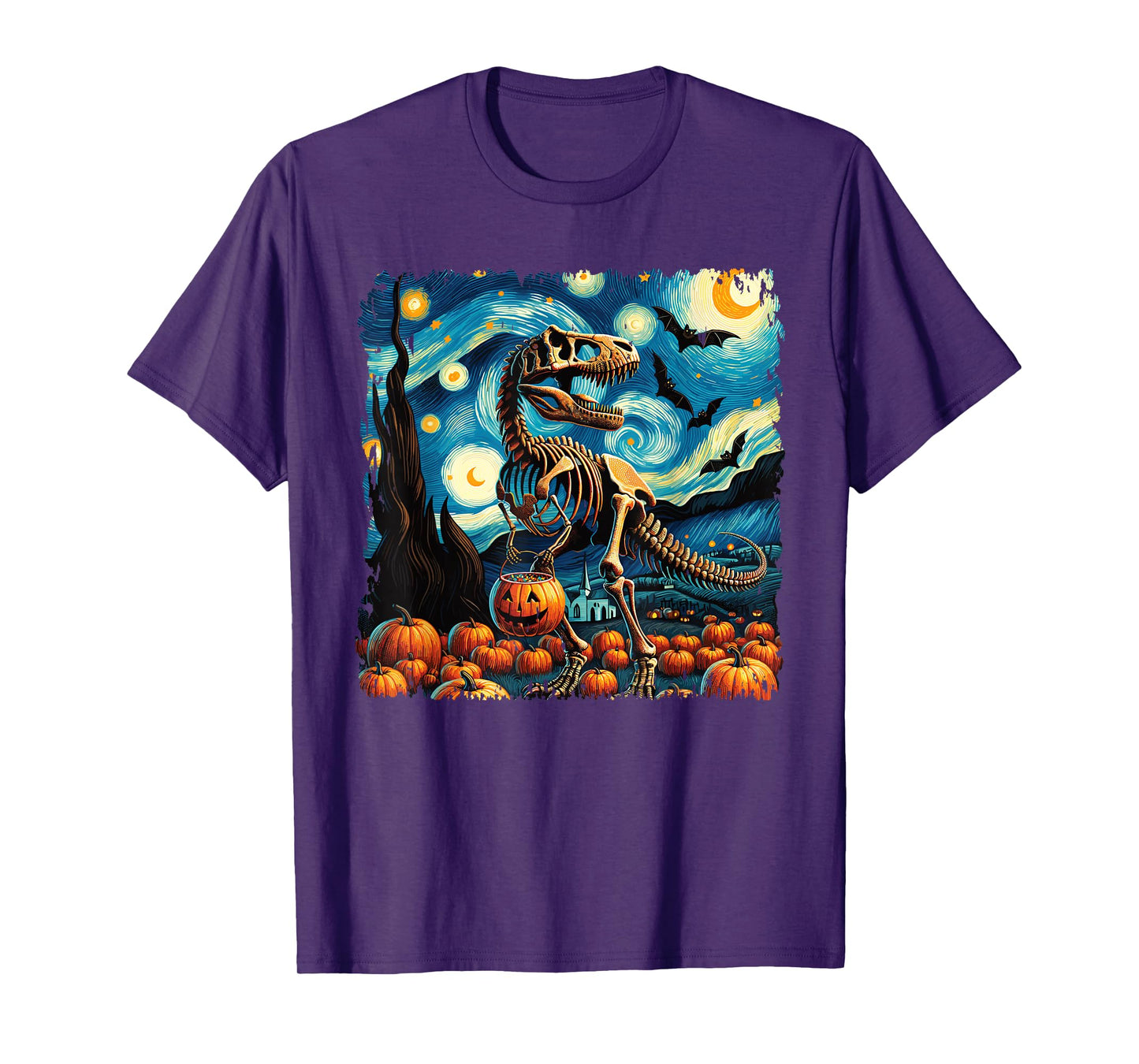T-Rex Skeleton Halloween Van Gogh Starry Night Fall Pumpkin T-Shirt