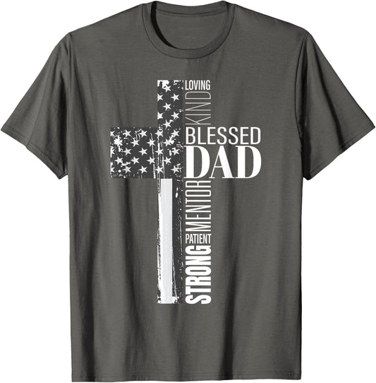 Christian Blessed Dad Cross American Flag Religious Father T-Shirt